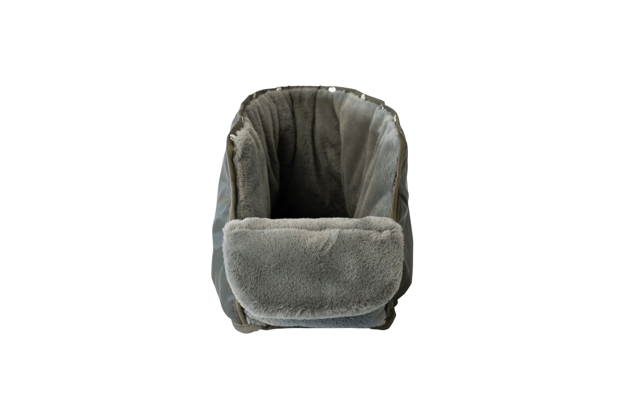 Wechselbares Flausch-Inlay in Grau-Grün-Silber für Greta's Hundetasche, einfach ausknöpfbar und pflegeleicht.