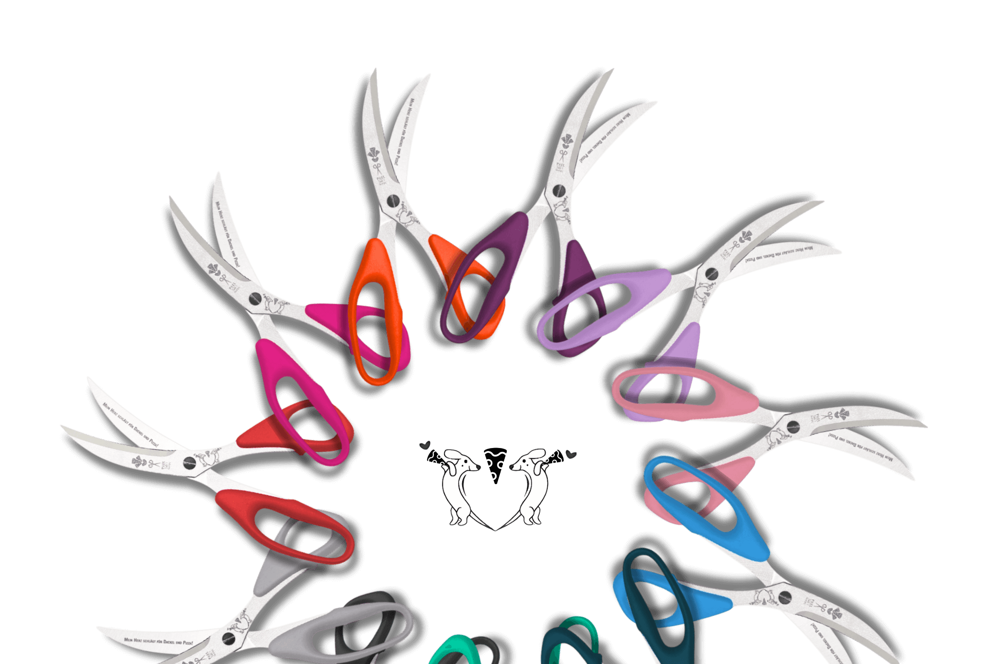 Verschiedene Greta's Dackel-Pizzascheren von Scherenmanufaktur-PAUL mit bunten Griffen und Gravuren, kreisförmig angeordnet.