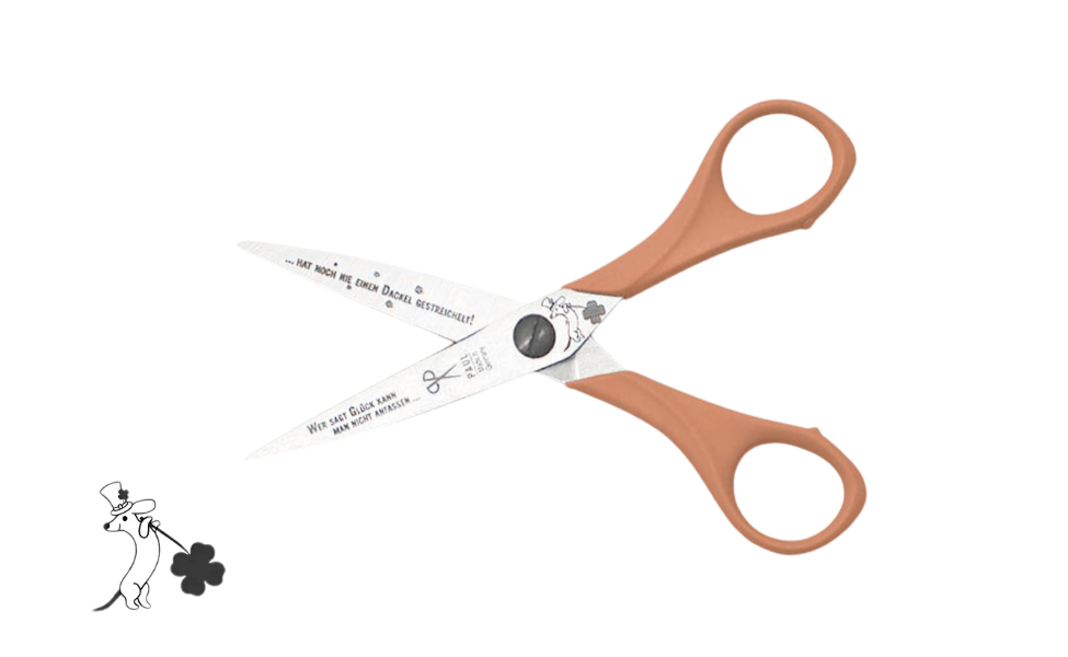 Greta's Dackel-Bastelschere von PAUL in Beige mit Gravur "Wer sagt Glück kann man nicht anfassen... hat noch nie einen Dackel gestreichelt!".