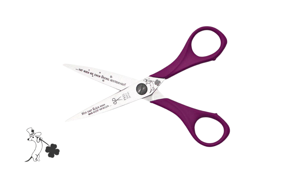 Greta's Dackel-Bastelschere von PAUL in Dunkellila mit Gravur "Wer sagt Glück kann man nicht anfassen... hat noch nie einen Dackel gestreichelt!".