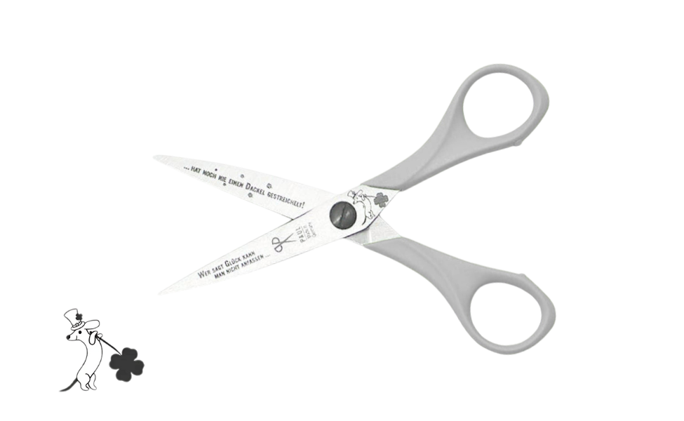 Greta's Dackel-Bastelschere von PAUL in Grau mit Gravur "Wer sagt Glück kann man nicht anfassen... hat noch nie einen Dackel gestreichelt!".
