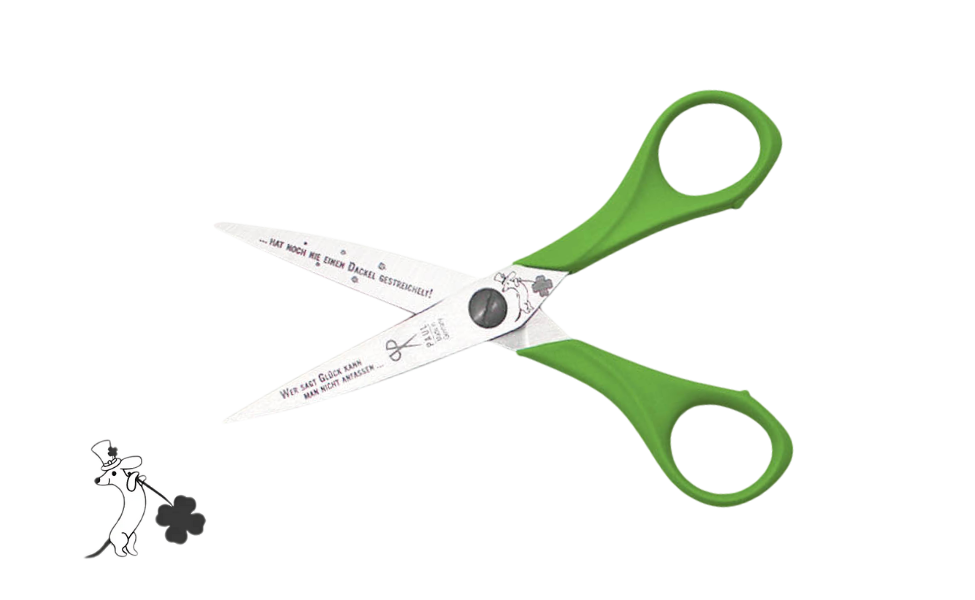 Greta's Dackel-Bastelschere von PAUL in Grün mit Gravur "Wer sagt Glück kann man nicht anfassen... hat noch nie einen Dackel gestreichelt!".