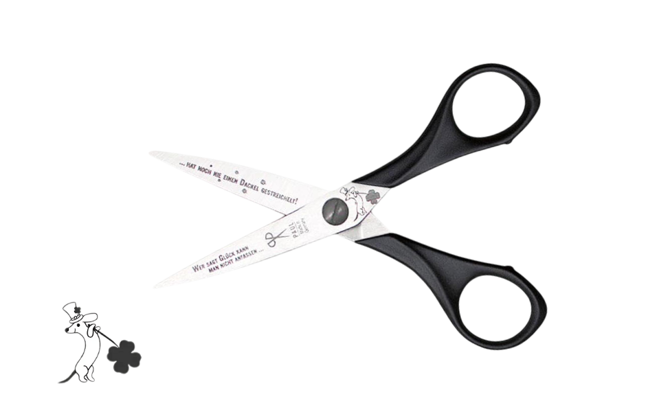 Greta's Dackel-Bastelschere von PAUL in Schwarz mit Gravur "Wer sagt Glück kann man nicht anfassen... hat noch nie einen Dackel gestreichelt!".