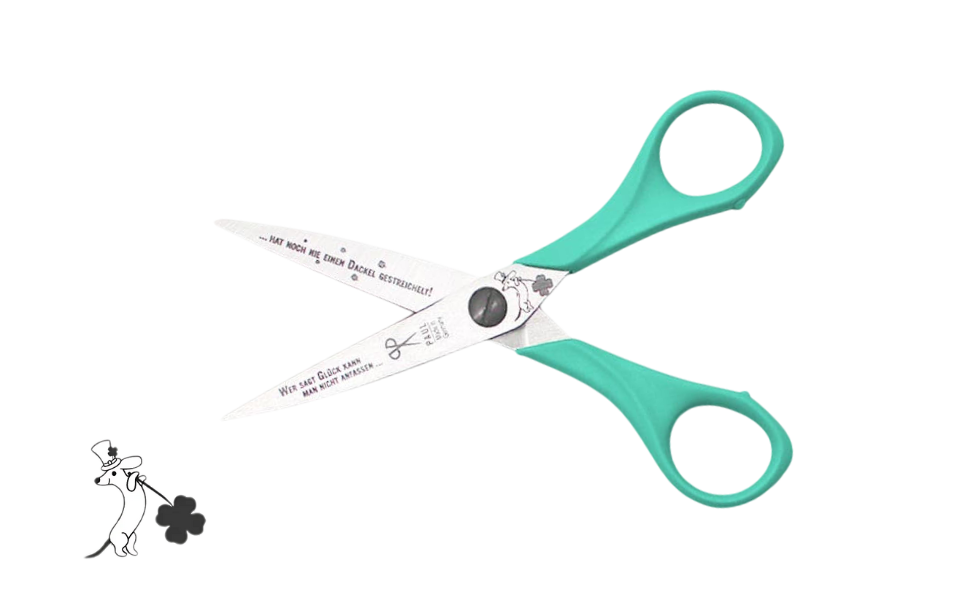 Greta's Dackel-Bastelschere von PAUL in Türkis mit Gravur "Wer sagt Glück kann man nicht anfassen... hat noch nie einen Dackel gestreichelt!".