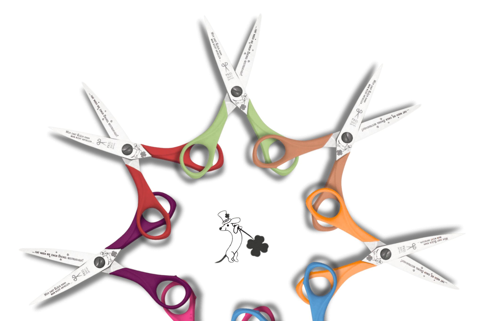 Verschiedene Greta's Dackel-Bastelscheren von Scherenmanufaktur-PAUL mit bunten Griffen und Gravuren, kreisförmig angeordnet.