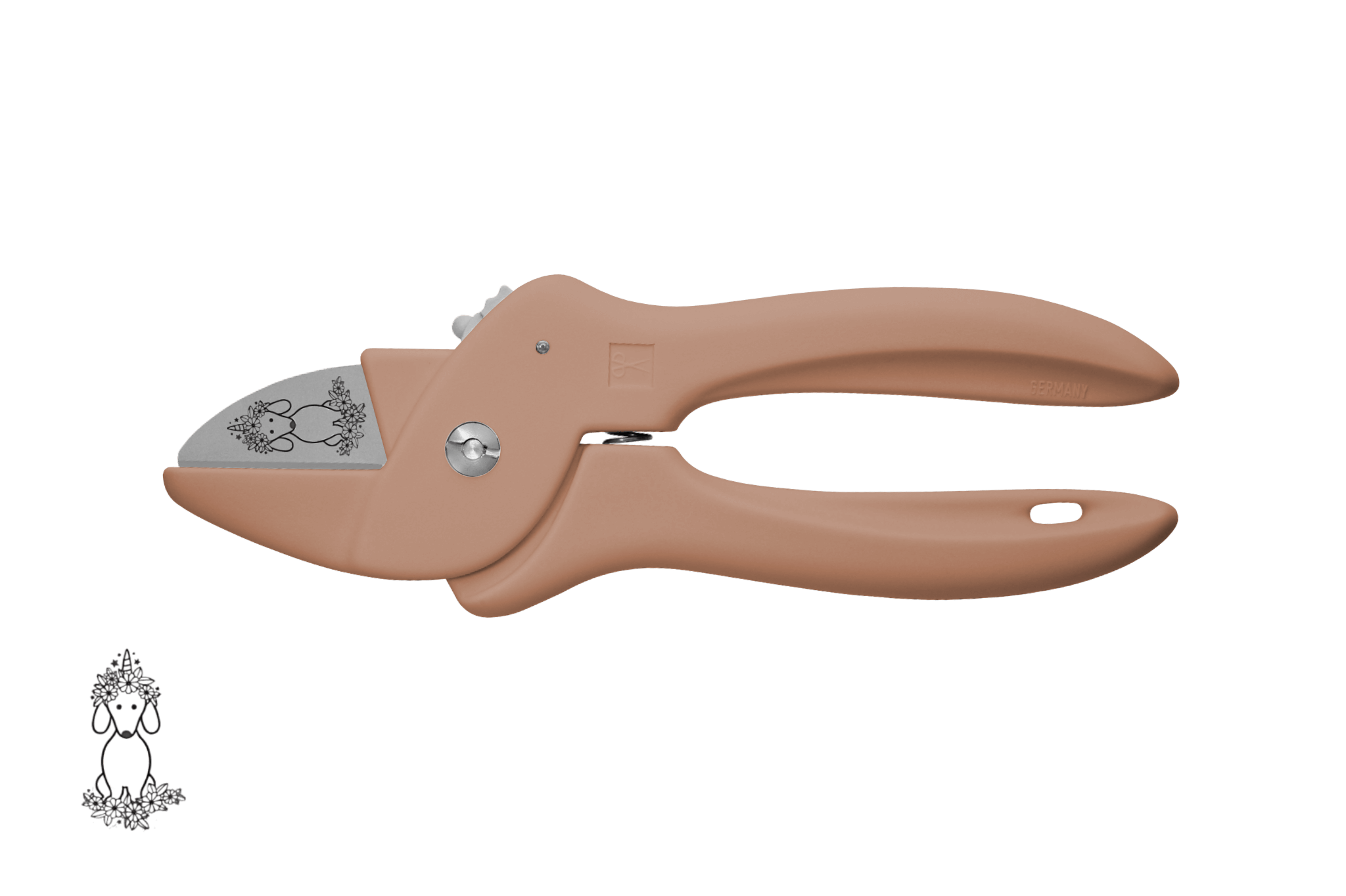 Greta's Dackel-Blumenschere von PAUL in Beige, veredelt mit einer detailreichen Dackel-Einhorn-Gravur.