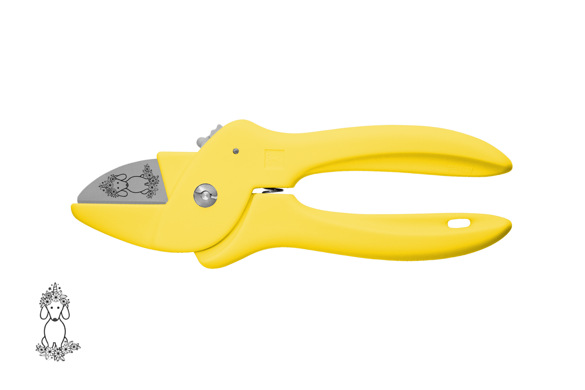 Greta's Dackel-Blumenschere von PAUL in Gelb, veredelt mit einer detailreichen Dackel-Einhorn-Gravur.