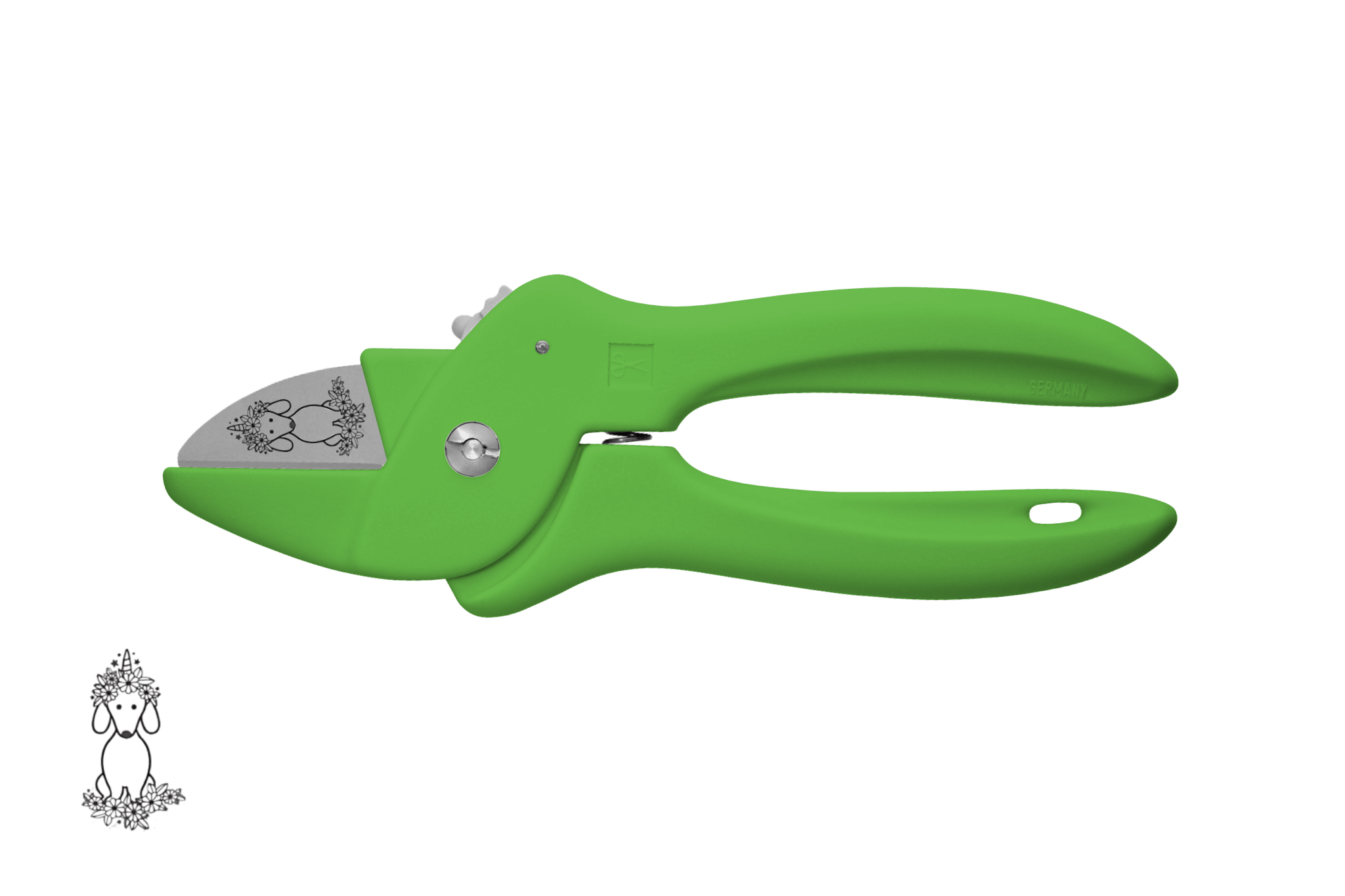 Greta's Dackel-Blumenschere von PAUL in Grün, veredelt mit einer detailreichen Dackel-Einhorn-Gravur.