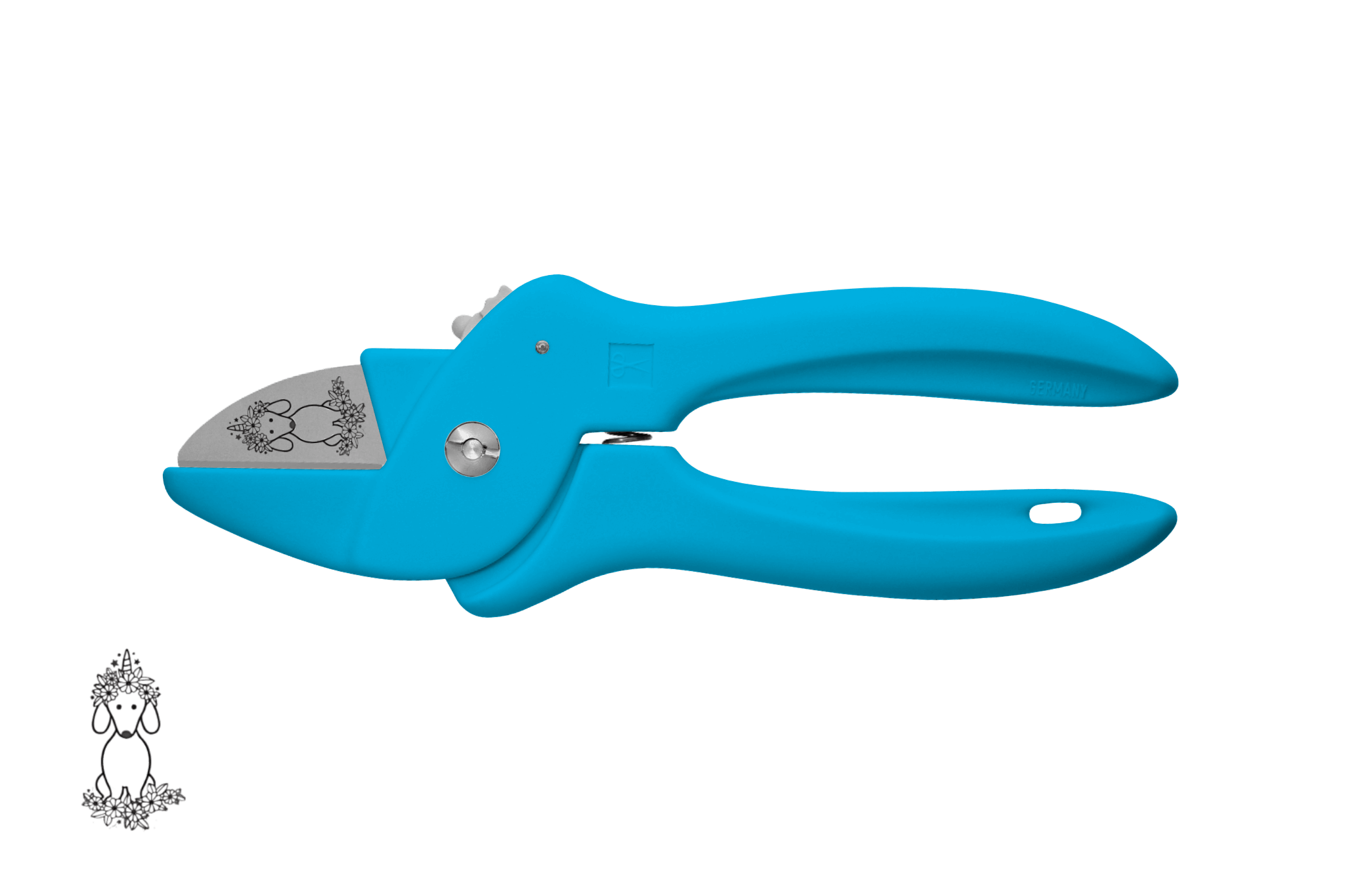 Greta's Dackel-Blumenschere von PAUL in Hellblau, veredelt mit einer detailreichen Dackel-Einhorn-Gravur.