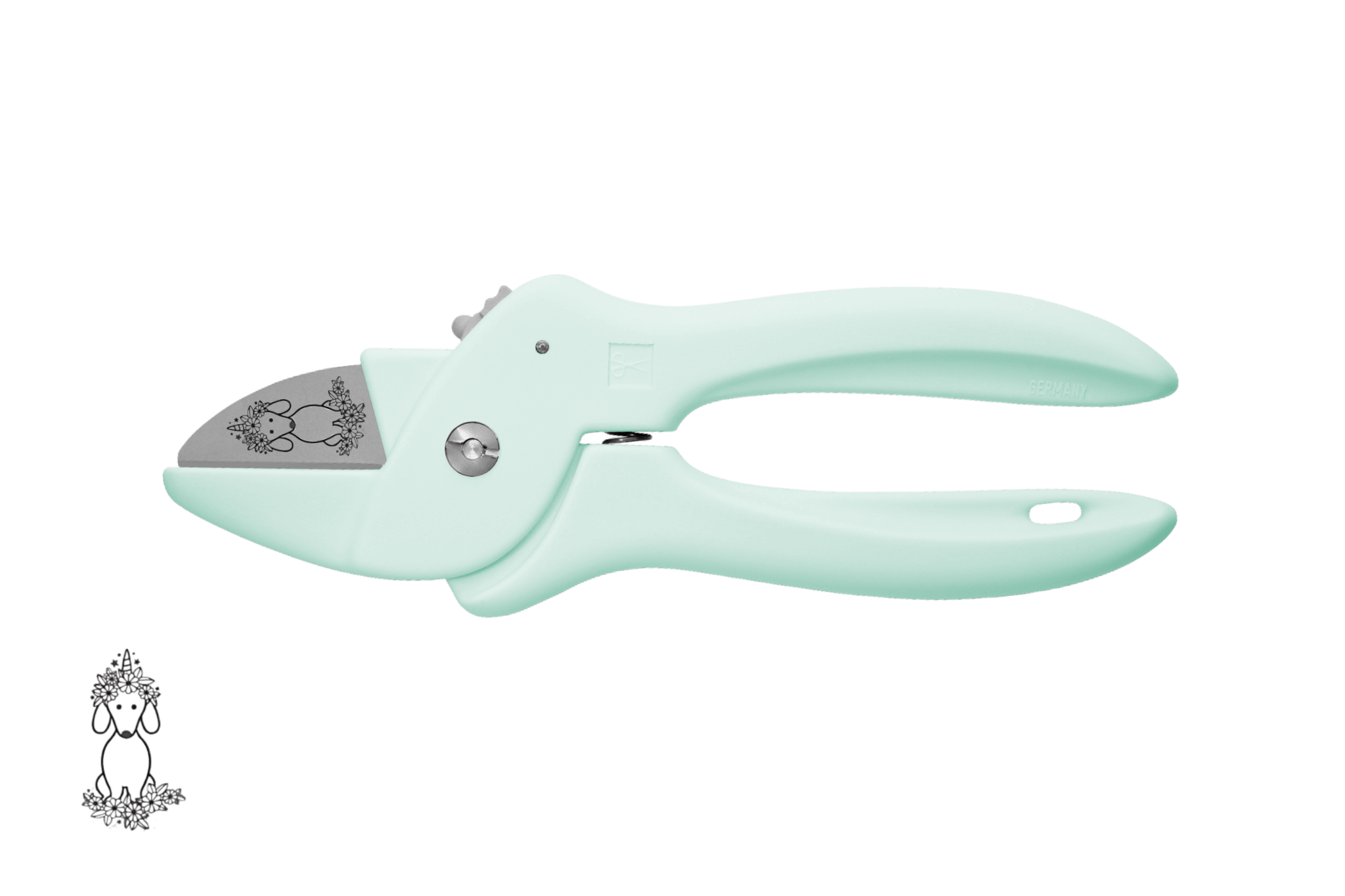 Greta's Dackel-Blumenschere von PAUL in Mint, veredelt mit einer detailreichen Dackel-Einhorn-Gravur.