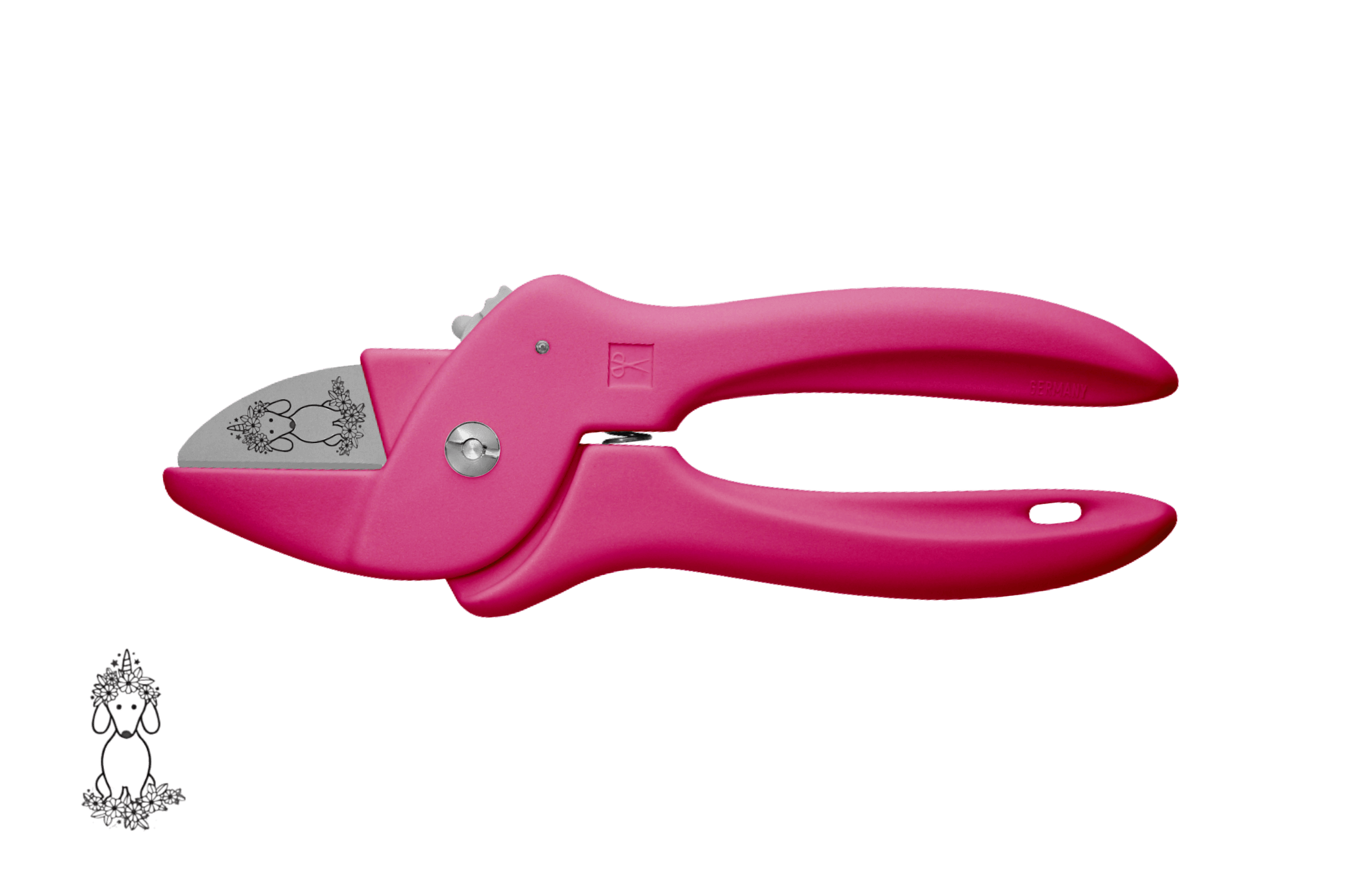 Greta's Dackel-Blumenschere von PAUL in Pink, veredelt mit einer detailreichen Dackel-Einhorn-Gravur.