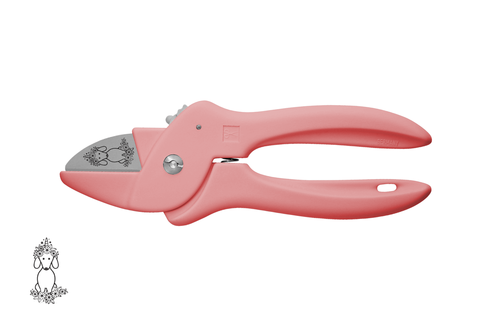 Greta's Dackel-Blumenschere von PAUL in Rosa, veredelt mit einer detailreichen Dackel-Einhorn-Gravur.