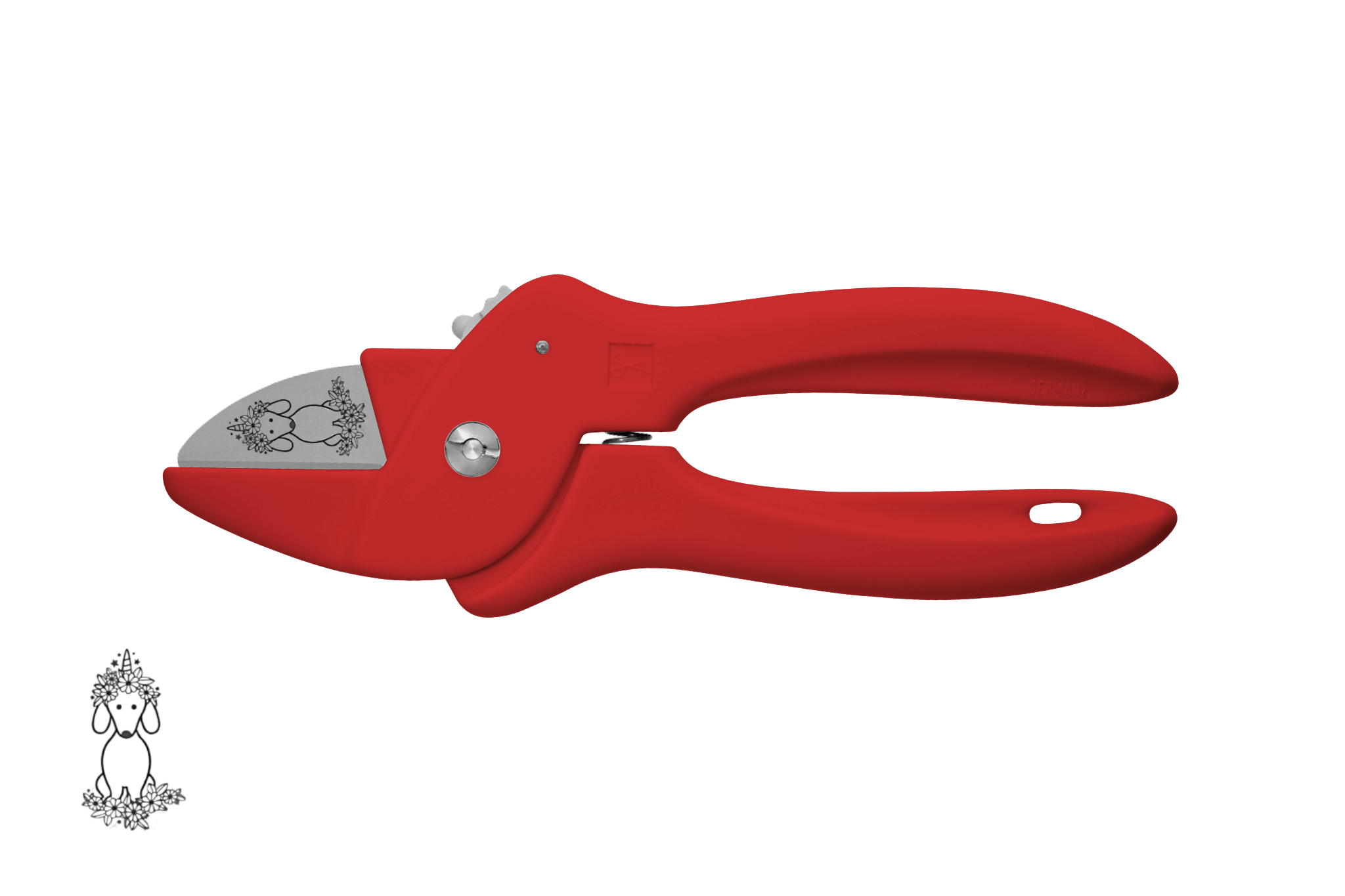 Greta's Dackel-Blumenschere von PAUL in Rot, veredelt mit einer detailreichen Dackel-Einhorn-Gravur.