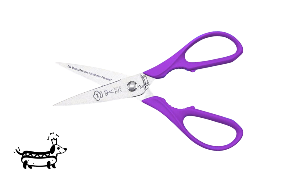 Greta's Dackel-Küchenschere von PAUL in Helllila mit Aushebefunktion und Gravur "Der Dackelkönig und sein Küchen-Personal!".