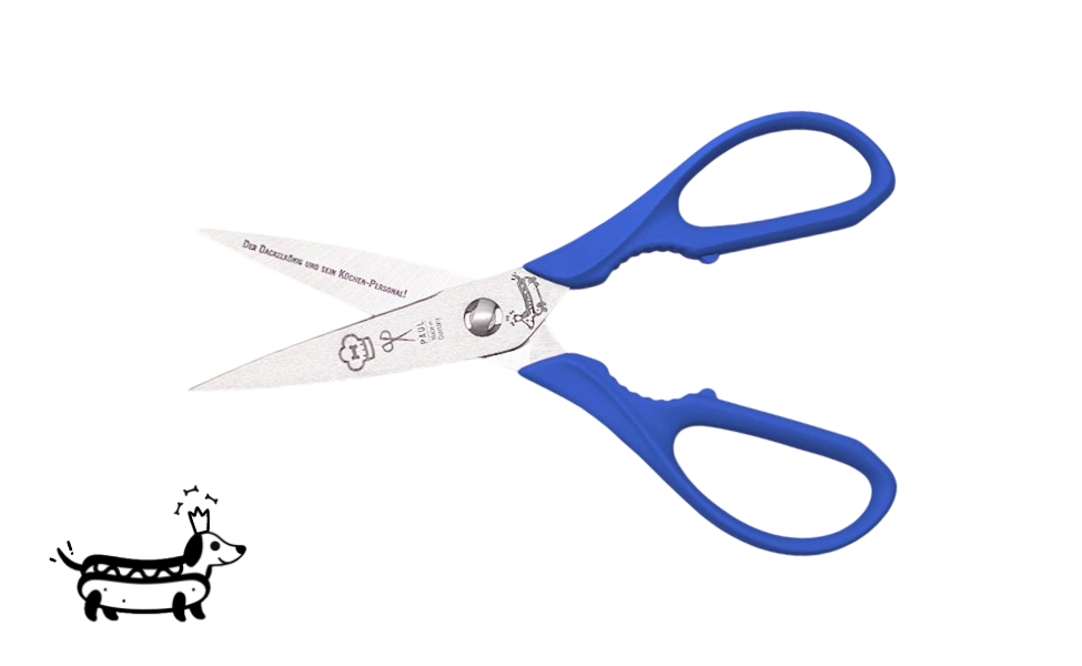 Greta's Dackel-Küchenschere von PAUL in Königsblau mit Aushebefunktion und Gravur "Der Dackelkönig und sein Küchen-Personal!".