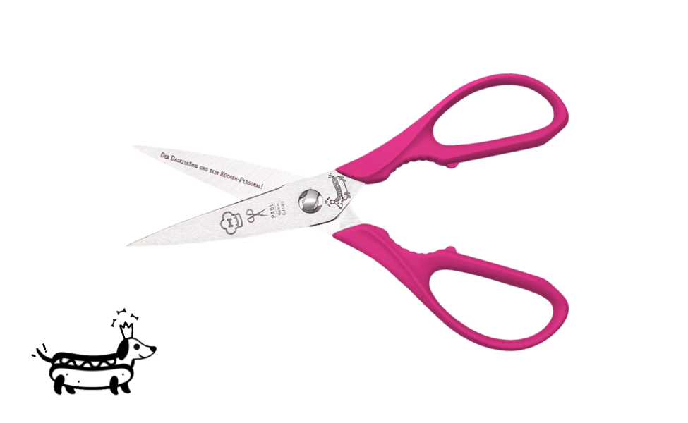 Greta's Dackel-Küchenschere von PAUL in Pink mit Aushebefunktion und Gravur "Der Dackelkönig und sein Küchen-Personal!".