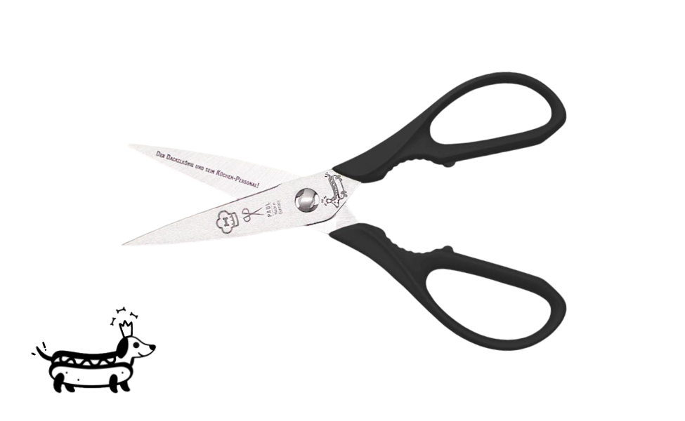 Greta's Dackel-Küchenschere von PAUL in Schwarz mit Aushebefunktion und Gravur "Der Dackelkönig und sein Küchen-Personal!".