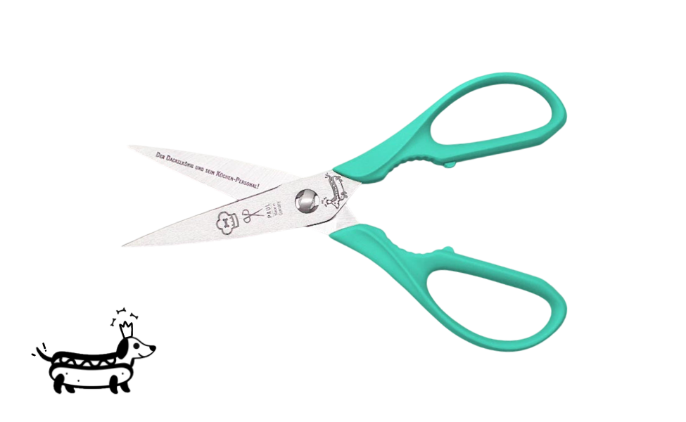 Greta's Dackel-Küchenschere von PAUL in Türkis mit Aushebefunktion und Gravur "Der Dackelkönig und sein Küchen-Personal!".
