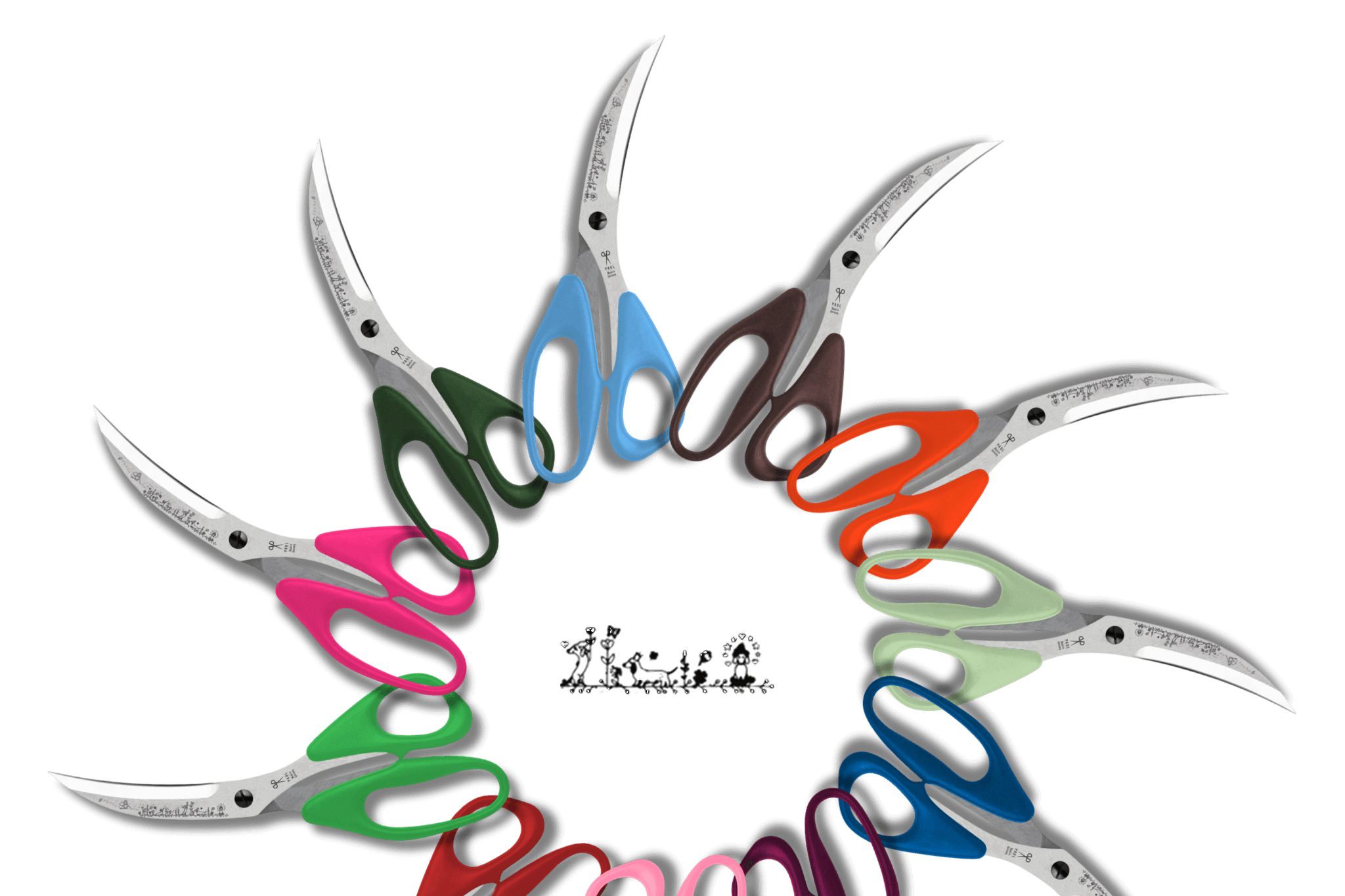 Verschiedene Greta's Märchenwald-Pizzascheren von Scherenmanufaktur-PAUL mit bunten Griffen und Gravuren, kreisförmig angeordnet.