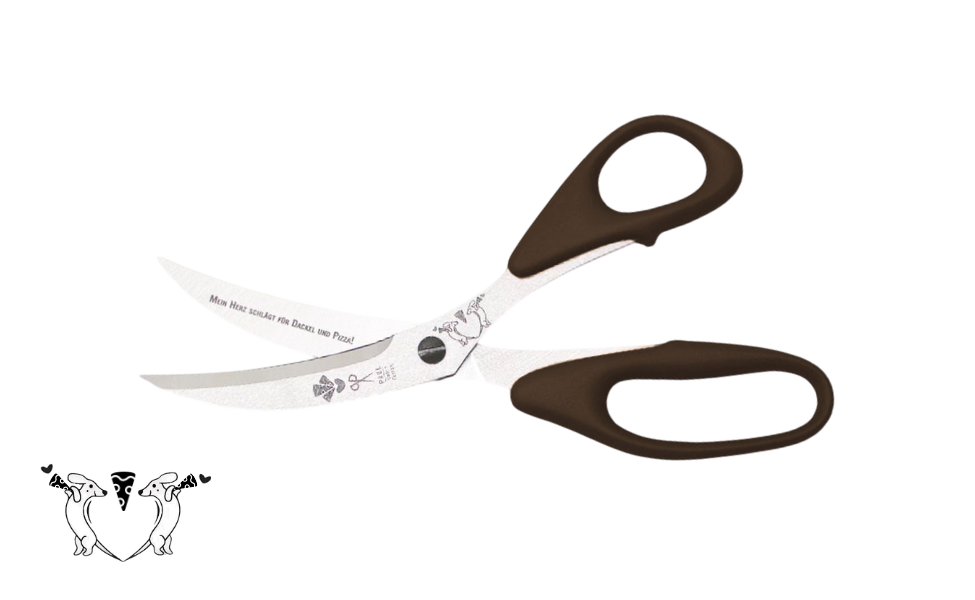 Greta's Dackel-Pizzaschere von PAUL in Dunkelbraun mit Gravur "Mein Herz schlägt für Dackel und Pizza!".