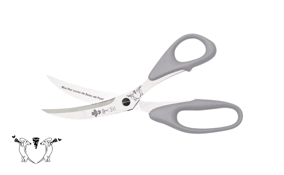 Greta's Dackel-Pizzaschere von PAUL in Grau mit Gravur "Mein Herz schlägt für Dackel und Pizza!".