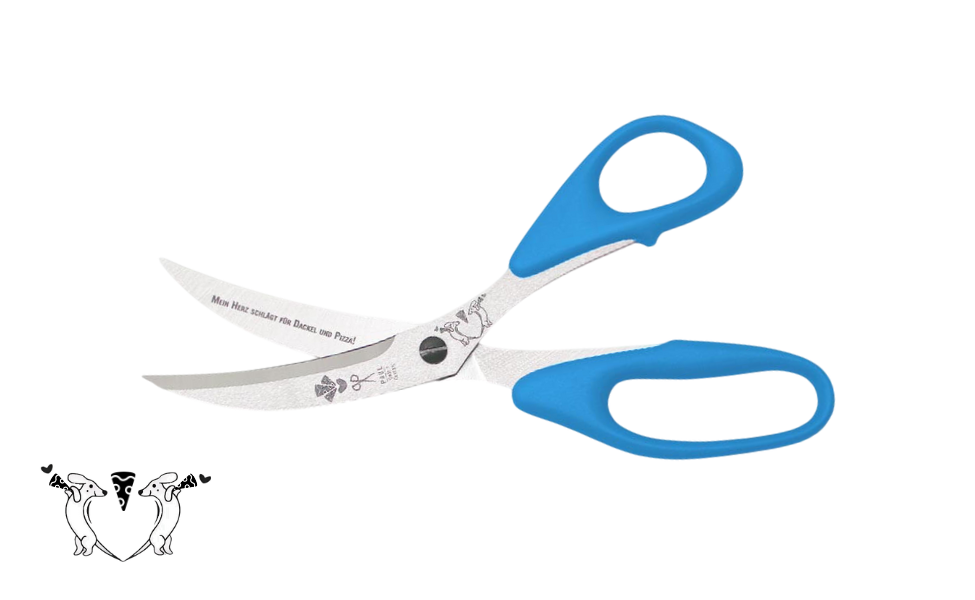 Greta's Dackel-Pizzaschere von PAUL in Hellblau mit Gravur "Mein Herz schlägt für Dackel und Pizza!".