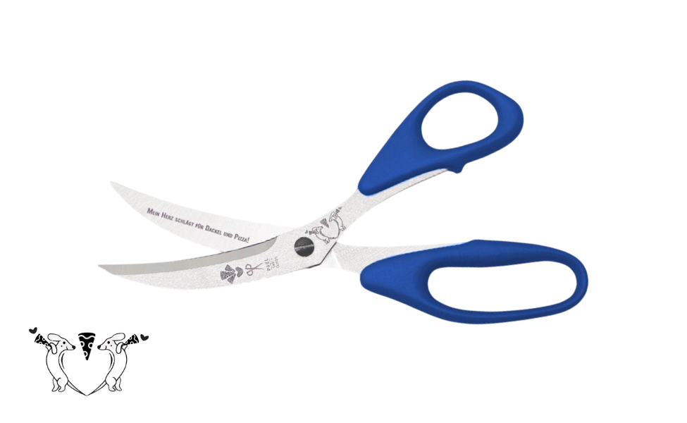 Greta's Dackel-Pizzaschere von PAUL in Königsblau mit Gravur "Mein Herz schlägt für Dackel und Pizza!".