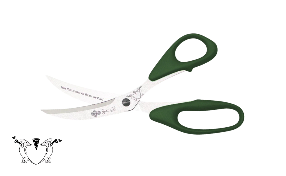 Greta's Dackel-Pizzaschere von PAUL in Olivgrün mit Gravur "Mein Herz schlägt für Dackel und Pizza!".