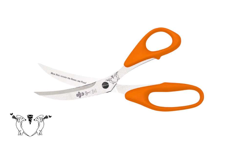Greta's Dackel-Pizzaschere von PAUL in Orange mit Gravur "Mein Herz schlägt für Dackel und Pizza!".