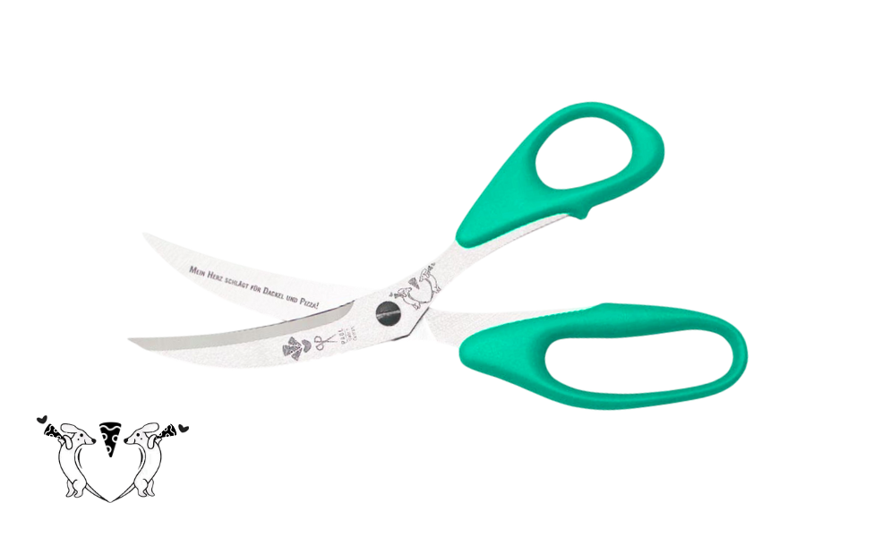 Greta's Dackel-Pizzaschere von PAUL in Pazifikgrün mit Gravur "Mein Herz schlägt für Dackel und Pizza!".