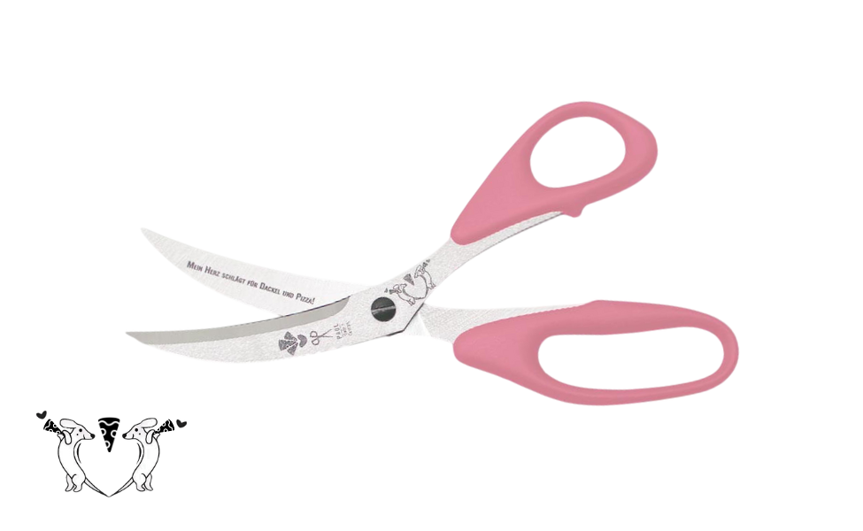 Greta's Dackel-Pizzaschere von PAUL in Rosa mit Gravur "Mein Herz schlägt für Dackel und Pizza!".