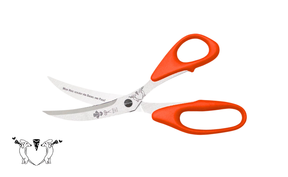Greta's Dackel-Pizzaschere von PAUL in Rot-Orange mit Gravur "Mein Herz schlägt für Dackel und Pizza!".