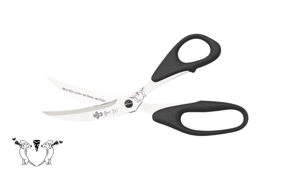 Greta's Dackel-Pizzaschere von PAUL in Schwarz mit Gravur "Mein Herz schlägt für Dackel und Pizza!".