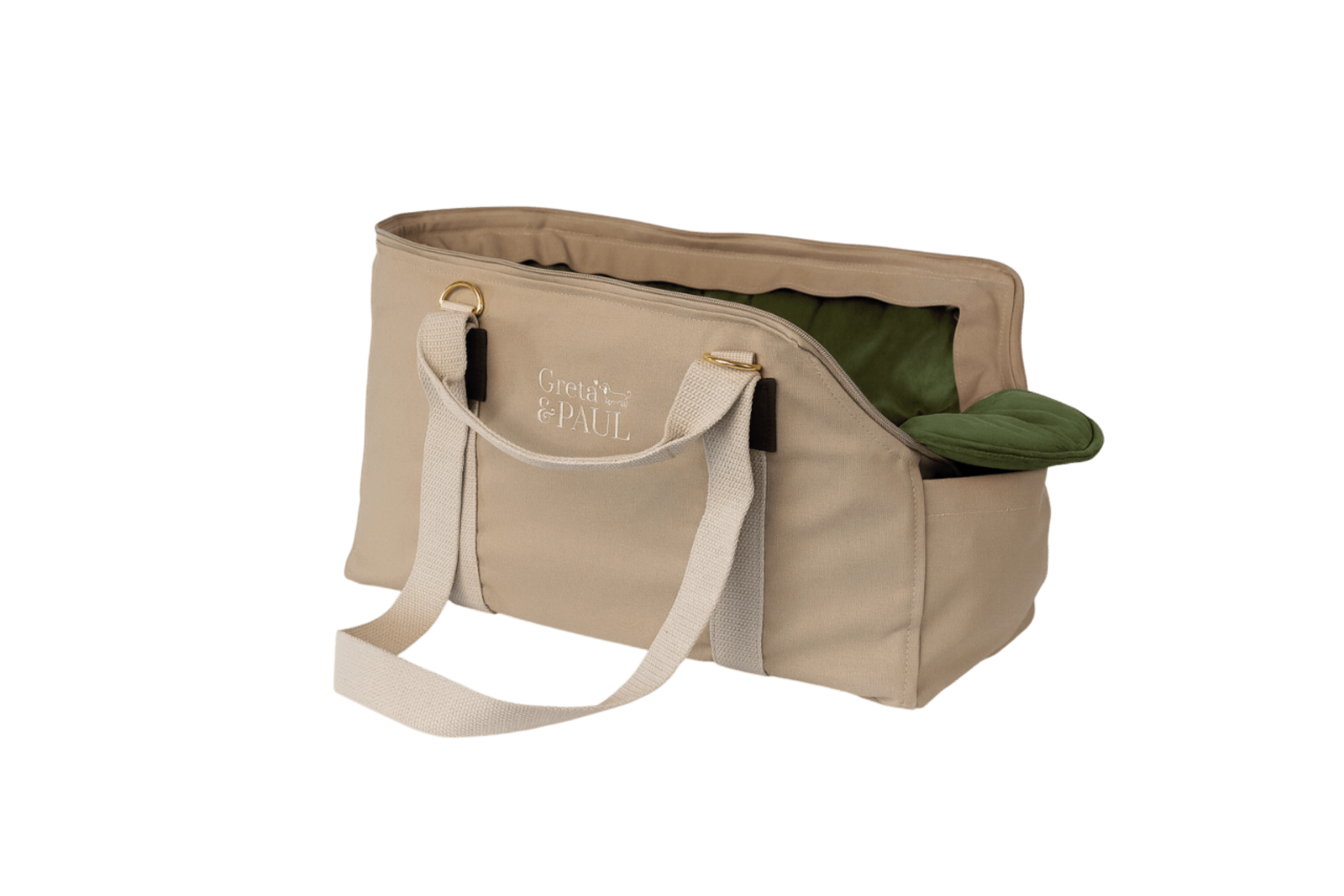 Gretas Hundetasche aus der Sommer-Kollektion in Beige mit olivgrünem Samt-Inlay, Ansicht mit verstautem Netz