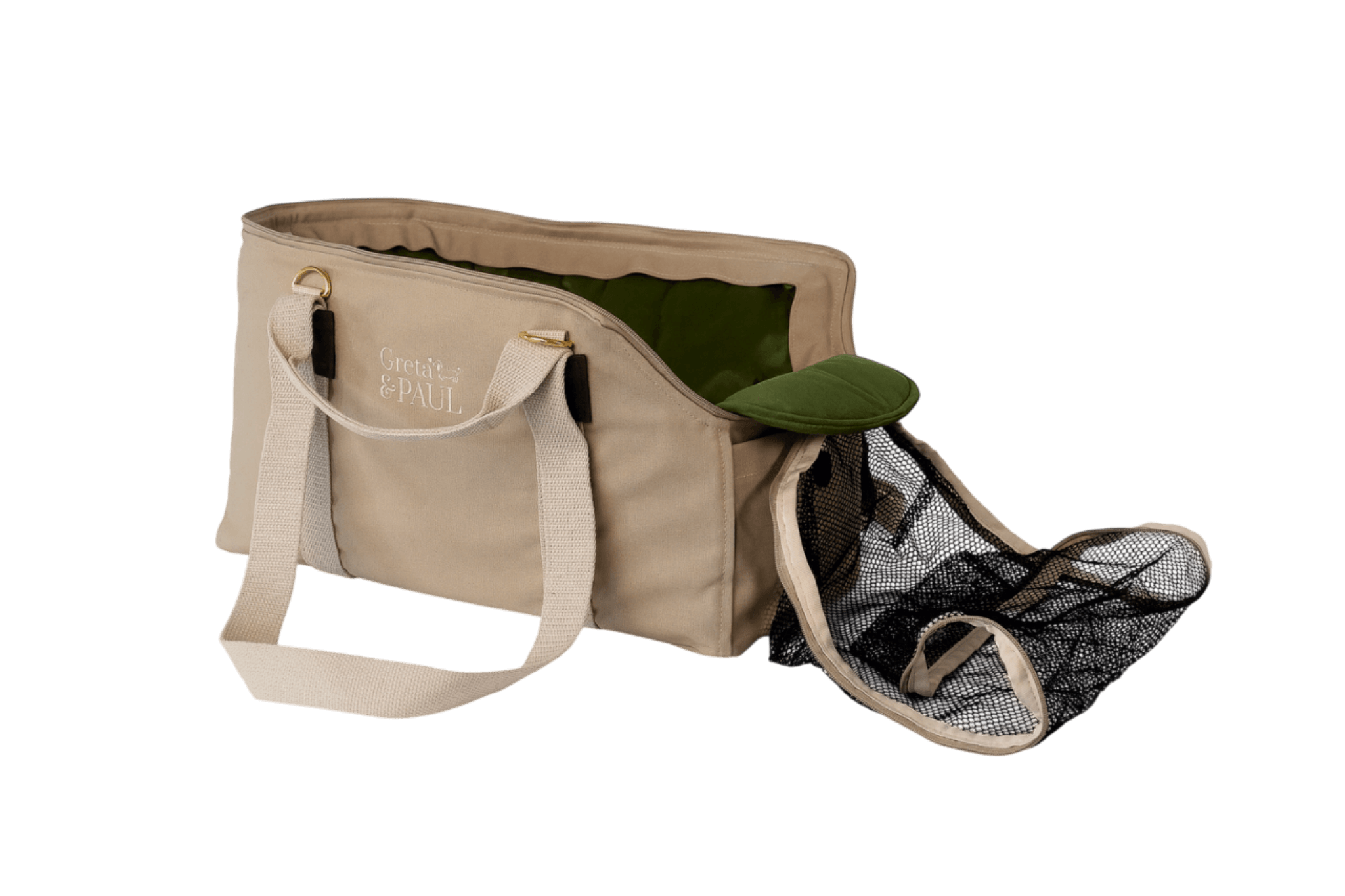 Greta's Hundetasche aus der Sommer-Kollektion in Beige mit olivgrünem Samt-Inlay, Ansicht mit offenem Netz
