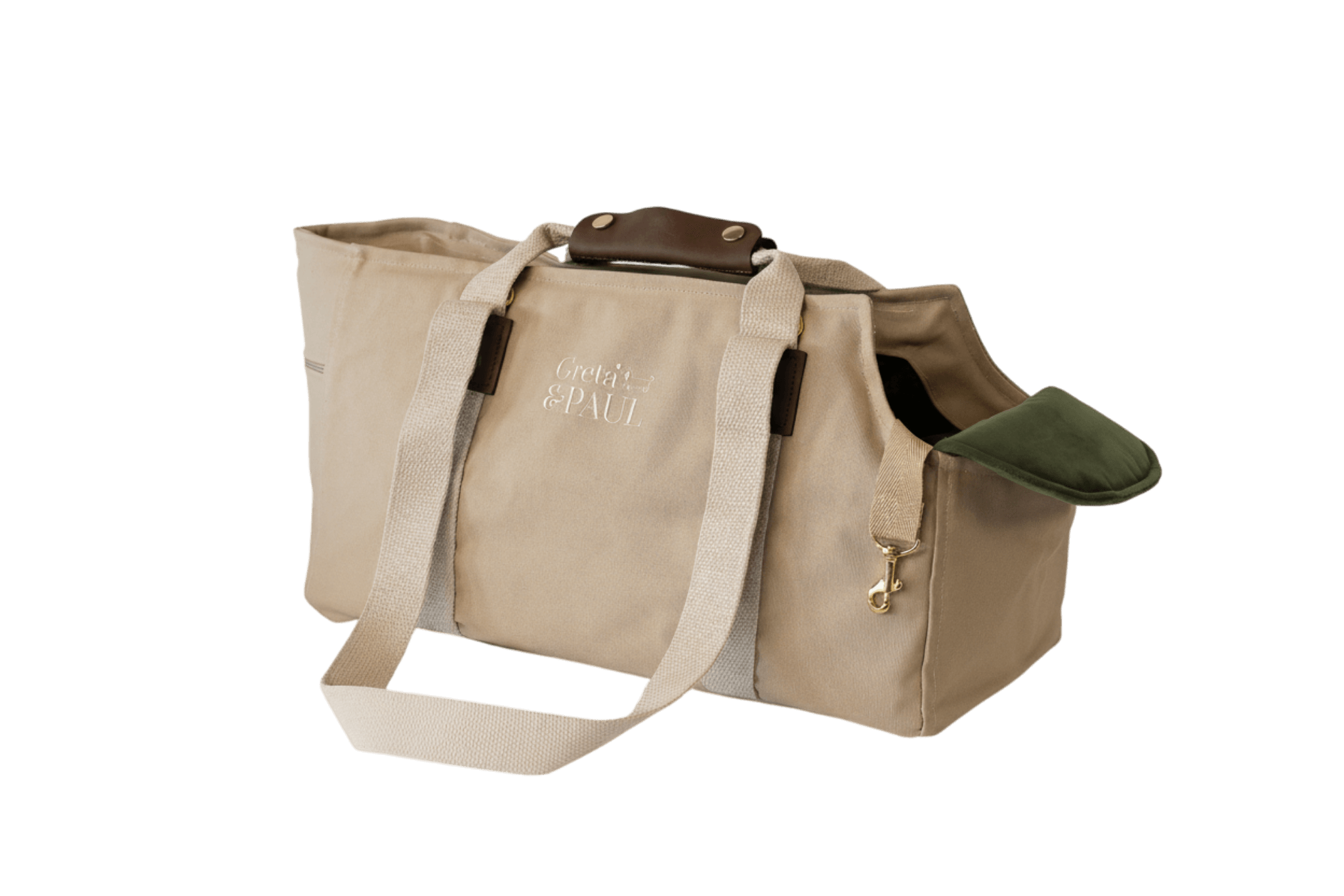 Gretas Hundetasche aus der Sommer-Kollektion in Beige mit olivgrünem Samt-Inlay, ohne Netz, Trageansicht