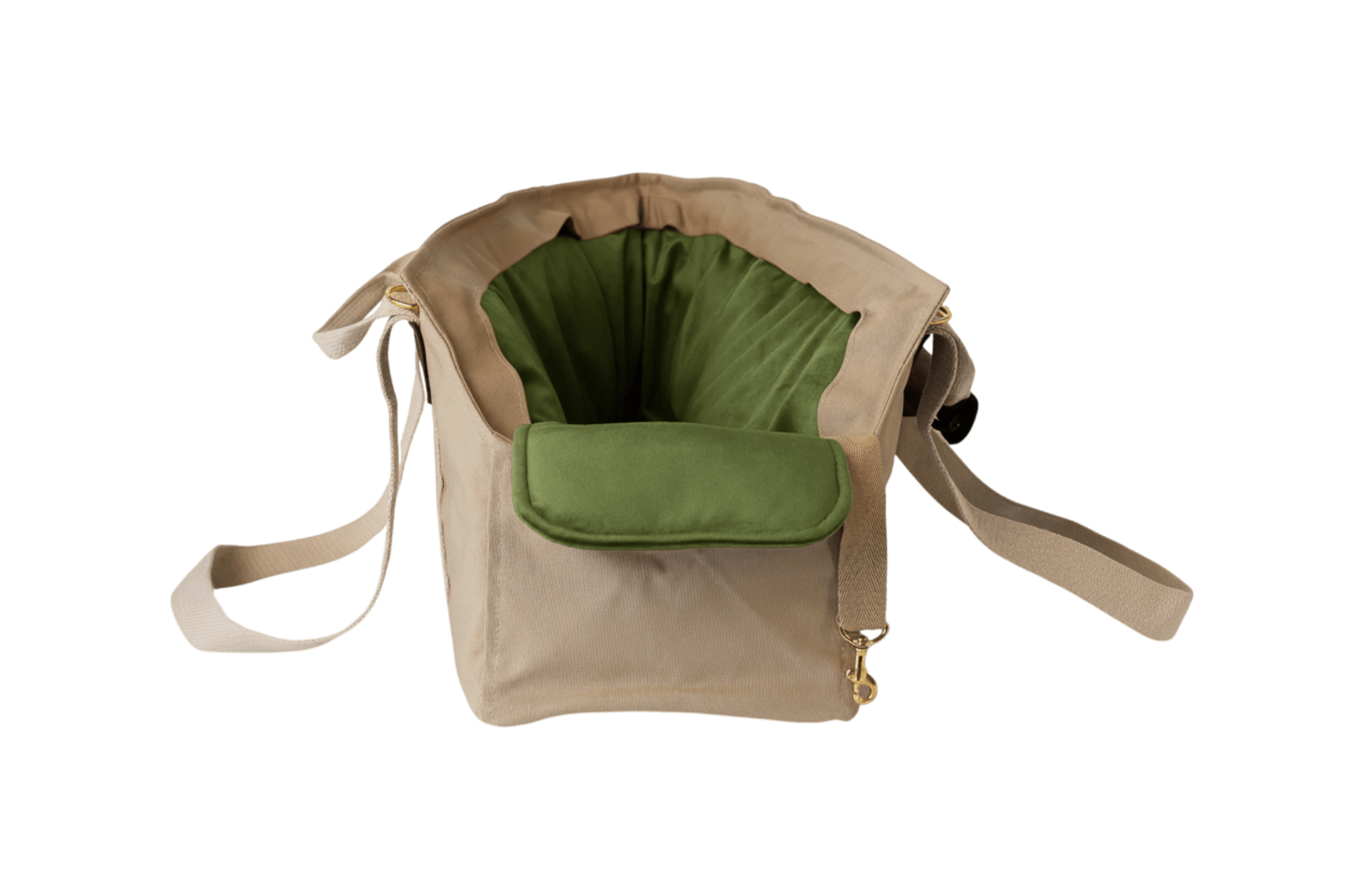 Gretas Hundetasche aus der Sommer-Kollektion in Beige mit olivgrünem Samt-Inlay, Vorderansicht, ohne Netz