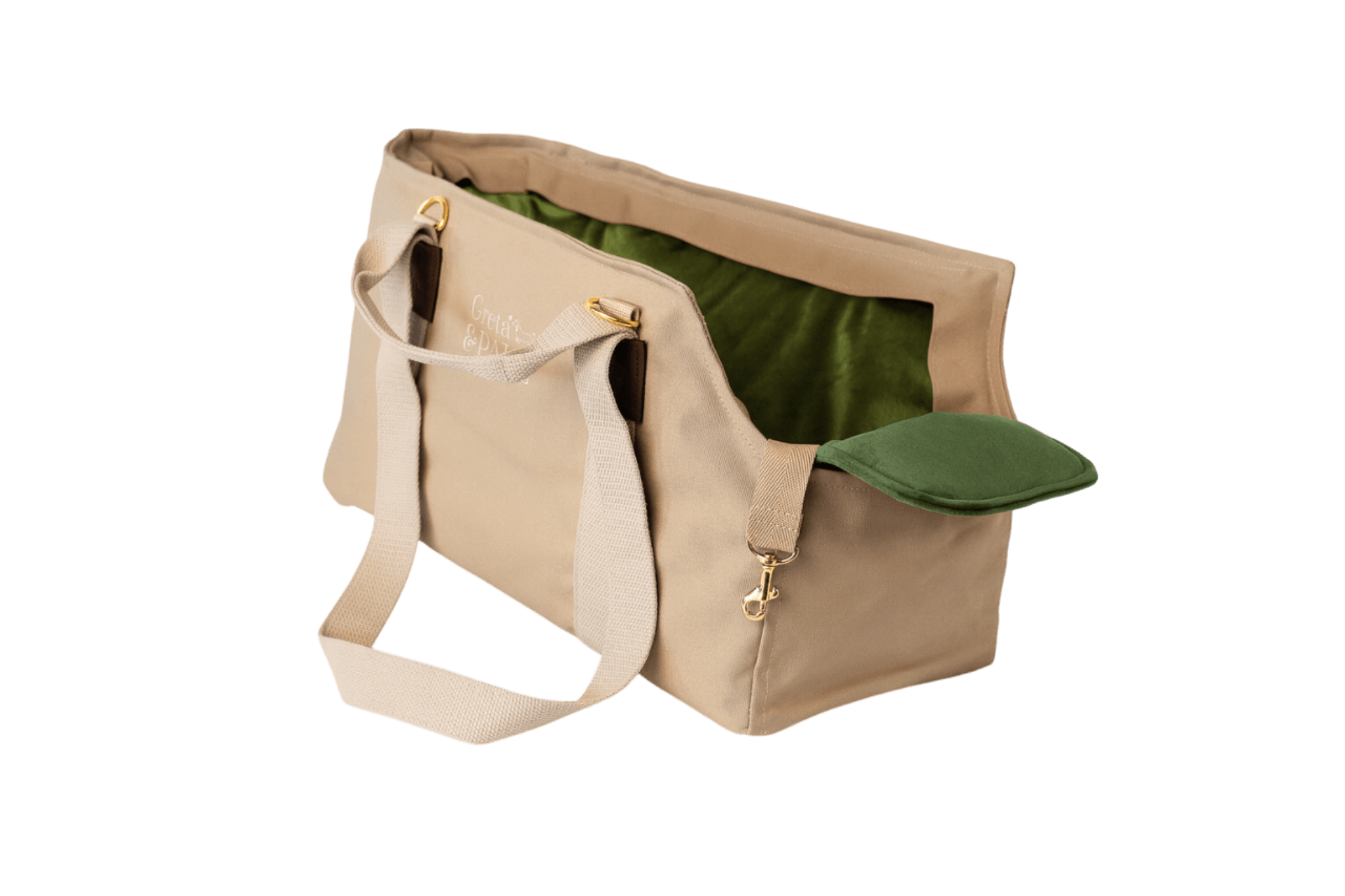 Gretas Hundetasche aus der Sommer-Kollektion in Beige mit olivgrünem Samt-Inlay, ohne Netz