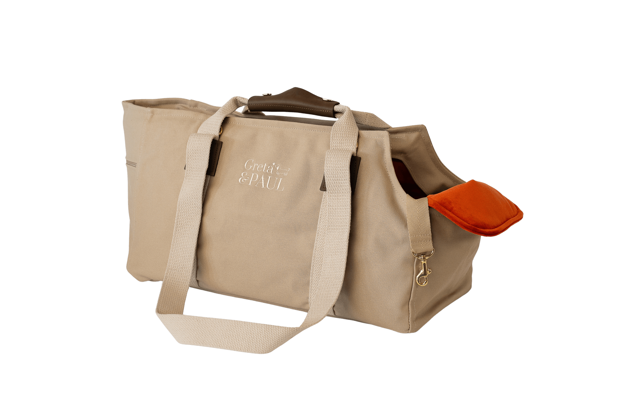 Gretas Hundetasche aus der Sommer-Kollektion in Beige mit orangefarbenem Samt-Inlay, ohne Netz, Trageansicht