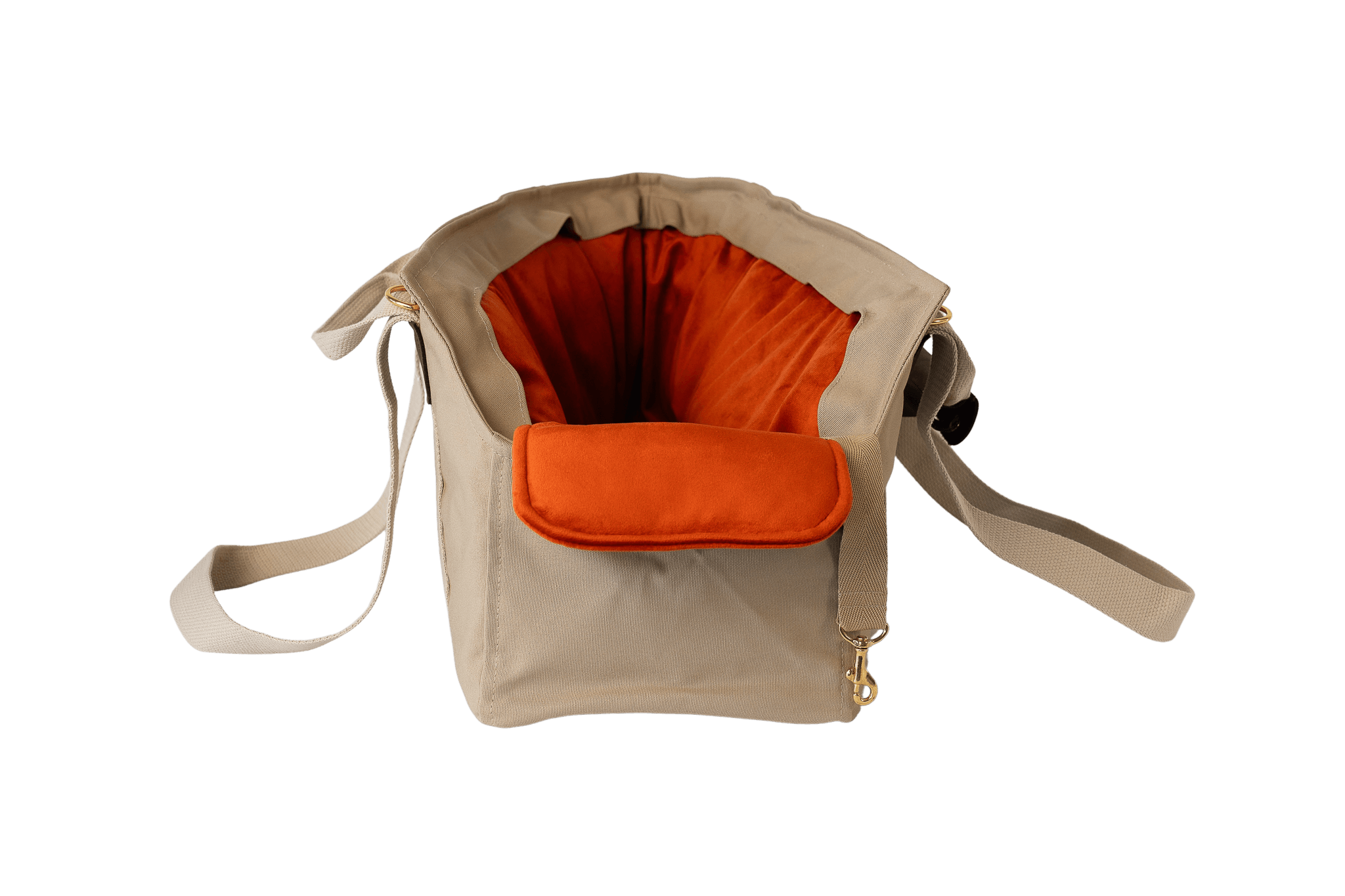 Gretas Hundetasche aus der Sommer-Kollektion in Beige mit orangefarbenem Samt-Inlay, Vorderansicht, ohne Netz