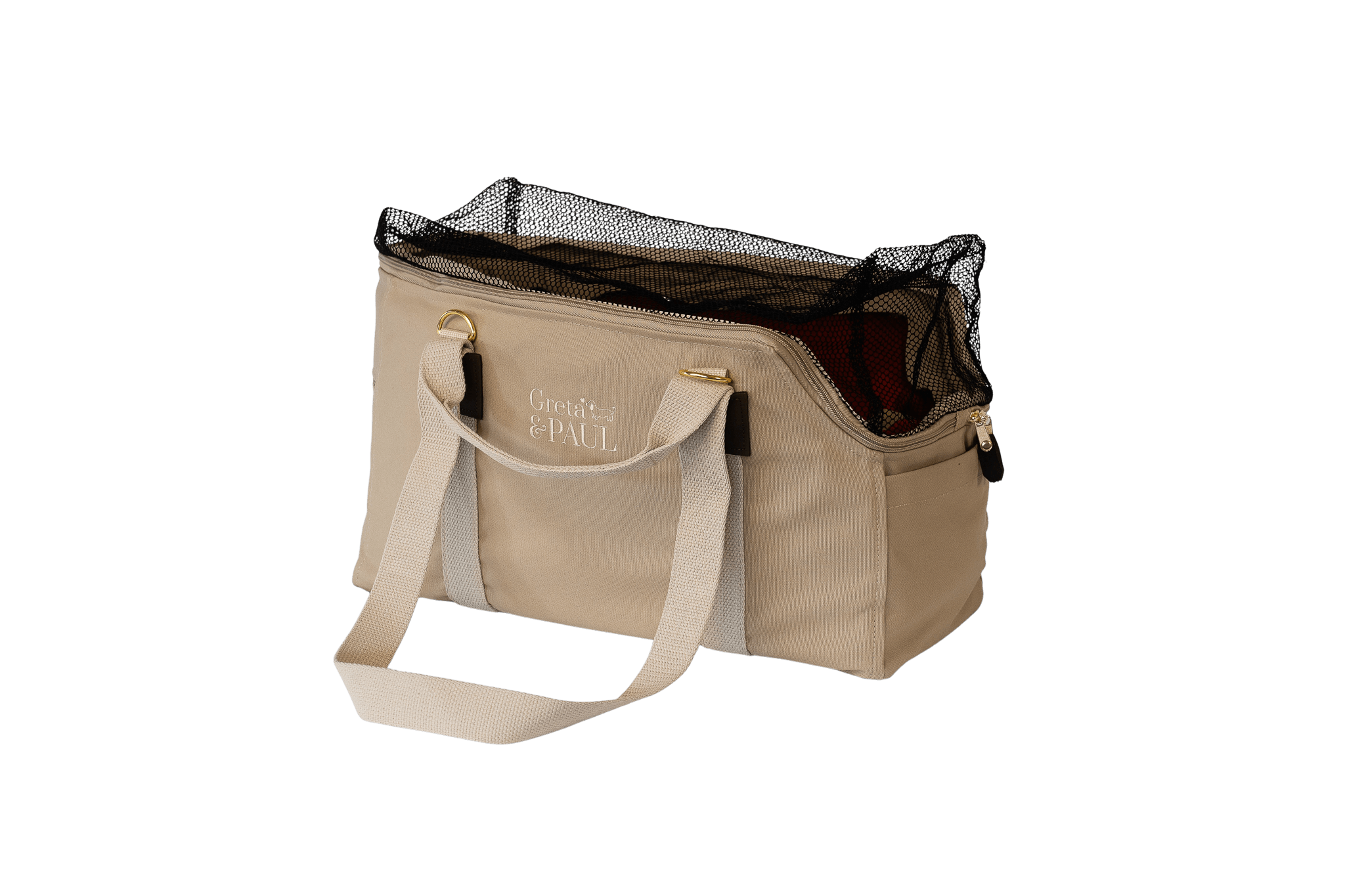 Gretas Hundetasche aus der Sommer-Kollektion in Beige mit orangefarbenem Samt-Inlay, Ansicht mit geschlossenem Netz