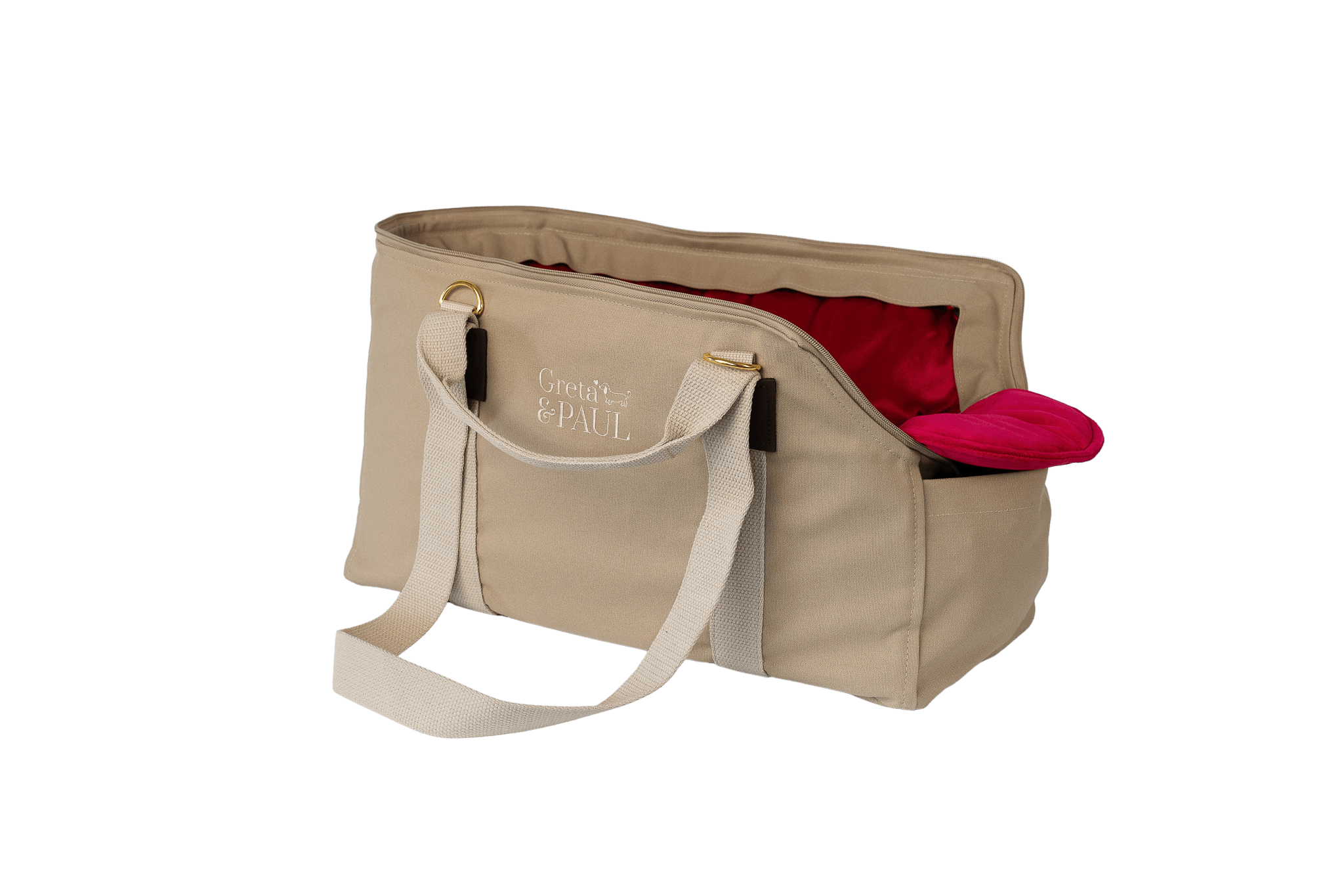 Gretas Hundetasche aus der Sommer-Kollektion in Beige mit pinkem Samt-Inlay, Ansicht mit verstautem Netz