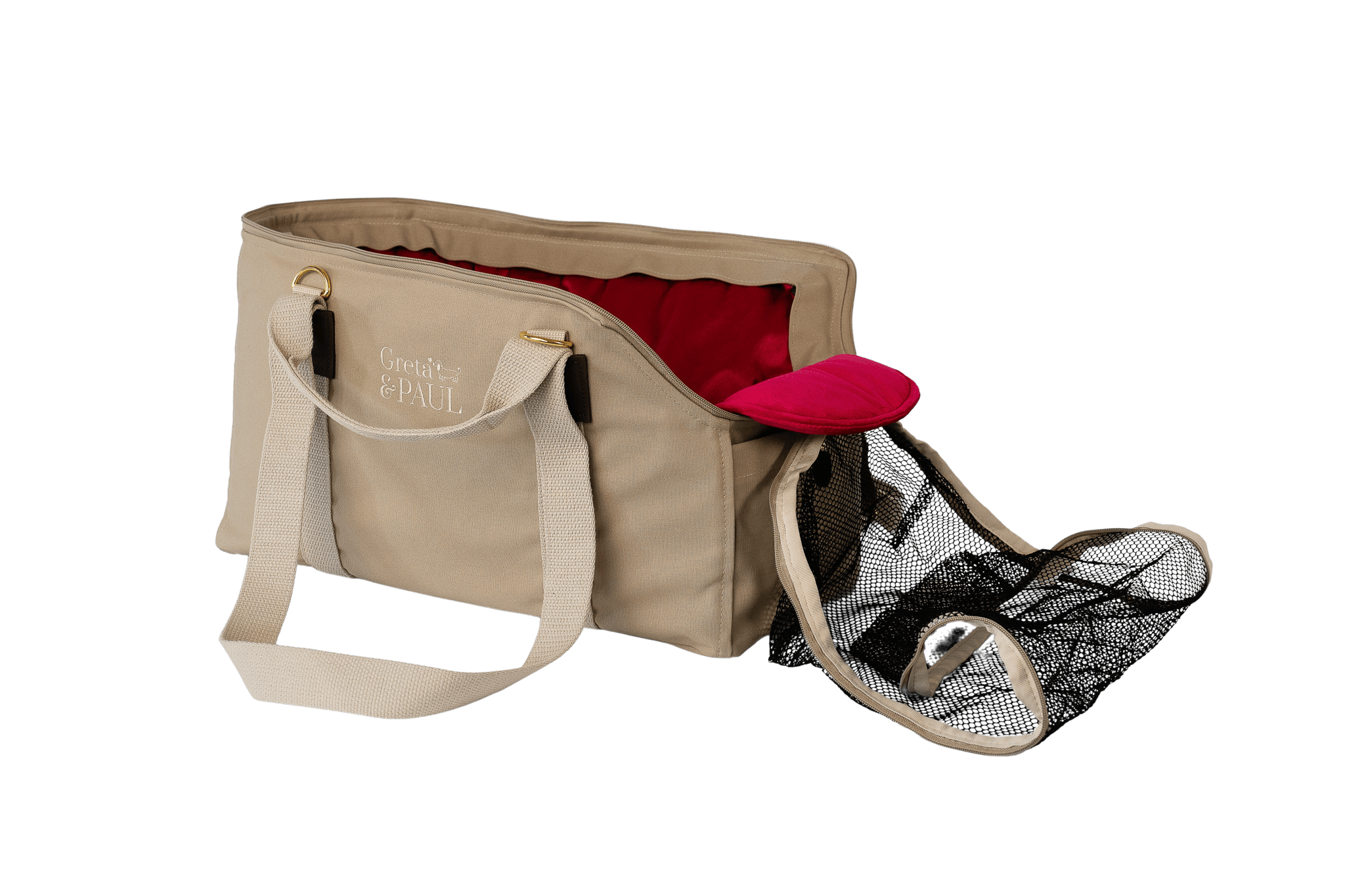 Gretas Hundetasche der Sommer-Kollektion in Beige mit pinkem Samt-Inlay, offene Ansicht mit Sicherheitsnetz
