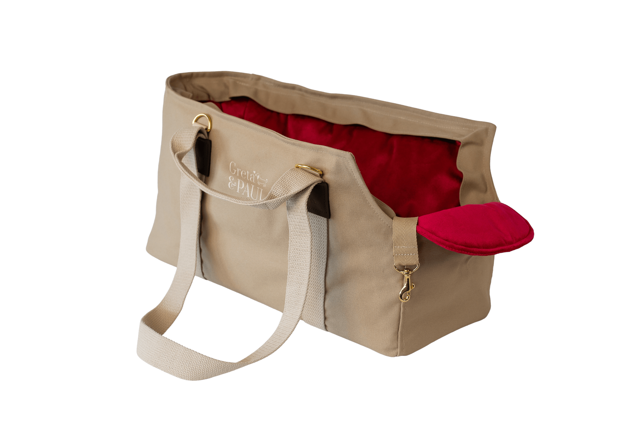 Gretas Hundetasche aus der Sommer-Kollektion in Beige mit pinkem Samt-Inlay, ohne Netz