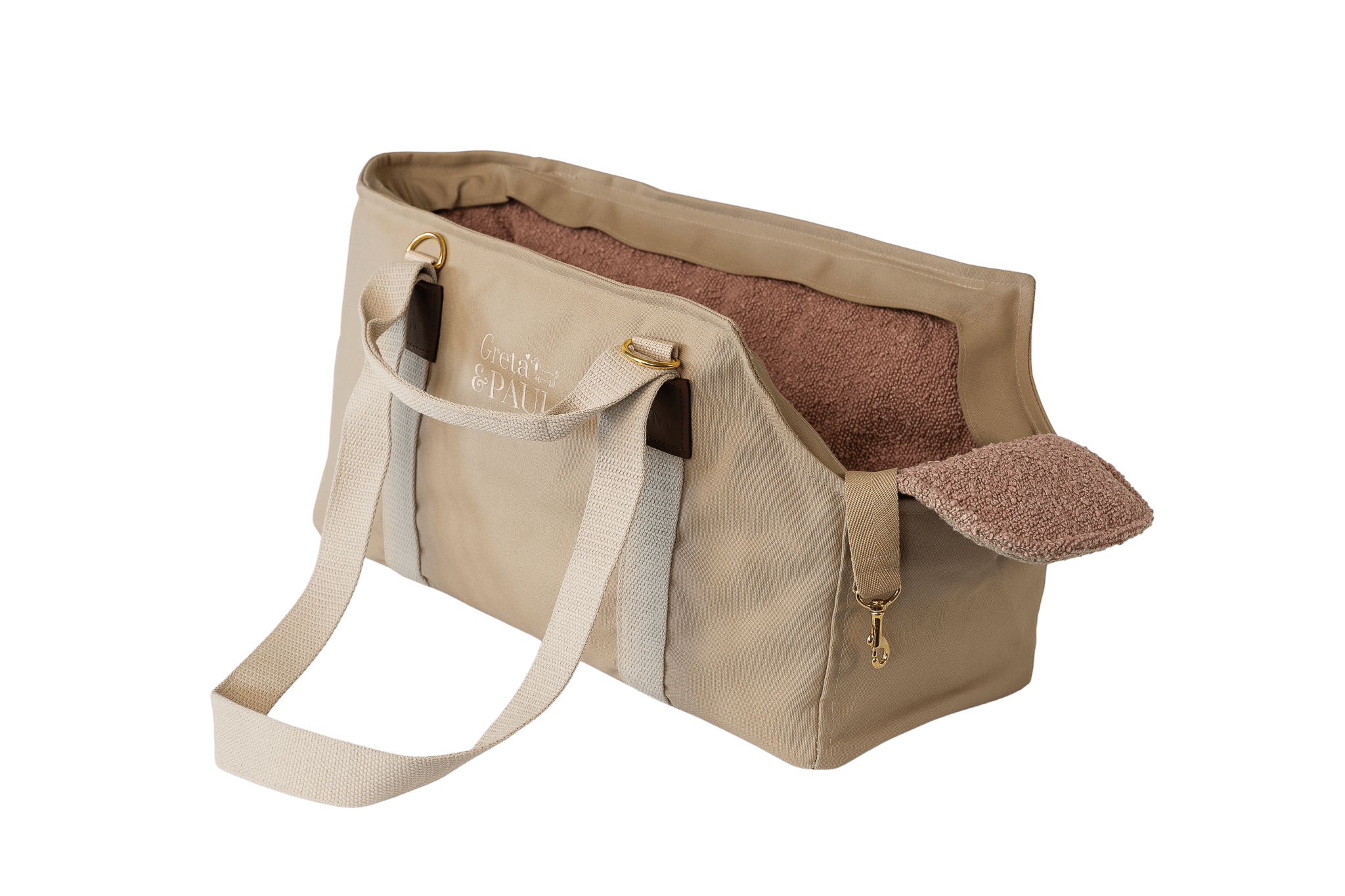 Gretas Hundetasche aus der Sommer-Kollektion in Beige mit rosafarbenem Bouclé-Inlay, ohne Netz
