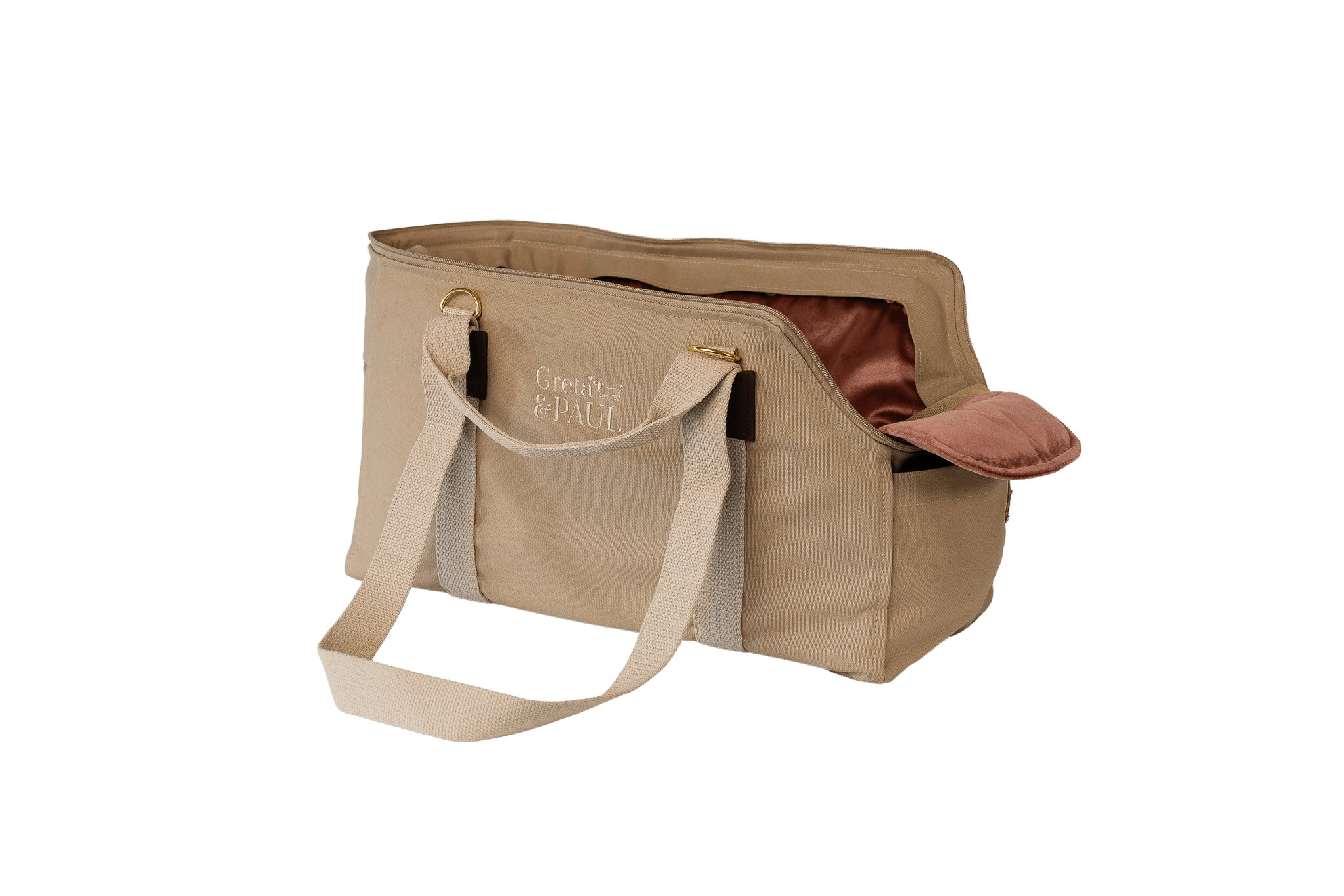 Gretas Hundetasche aus der Sommer-Kollektion in Beige mit rosafarbenem Samt-Inlay, Ansicht mit verstautem Netz