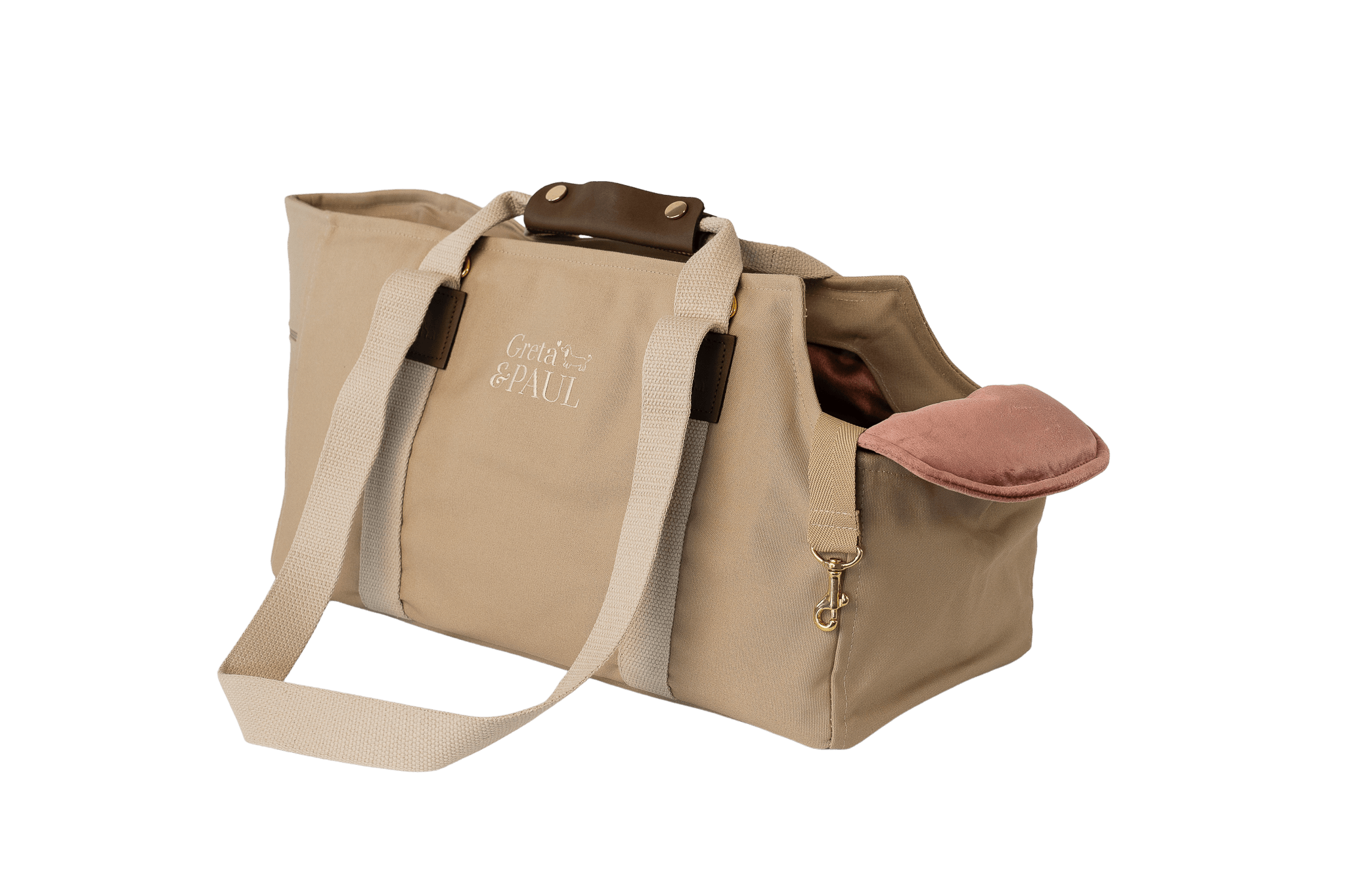 Gretas Hundetasche aus der Sommer-Kollektion in Beige mit rosafarbenem Samt-Inlay, ohne Netz, Trageansicht