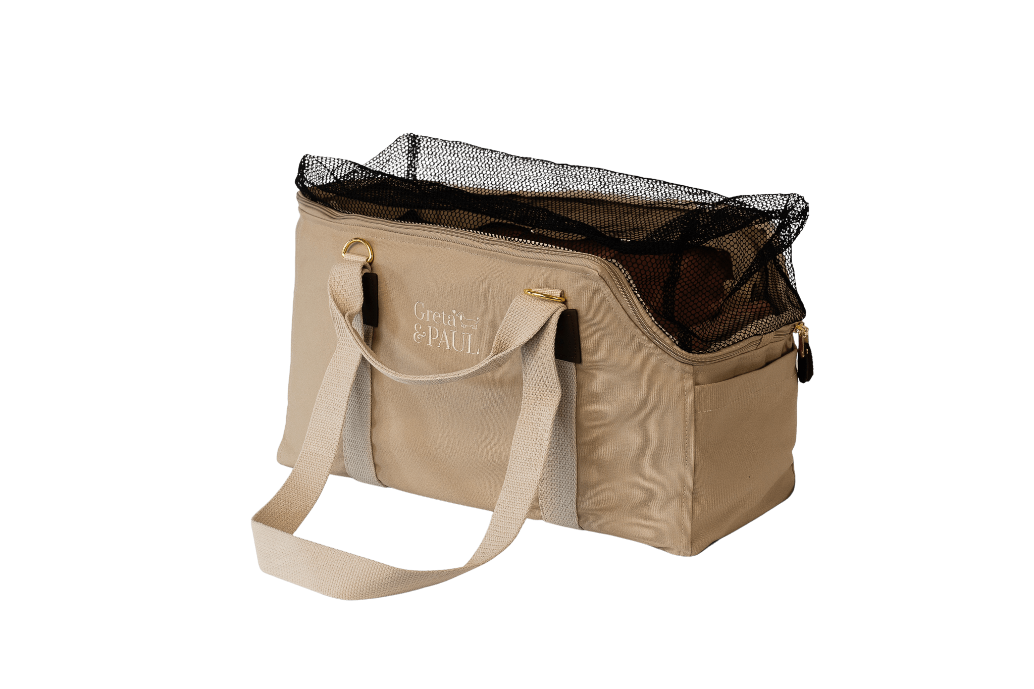 Gretas Hundetasche aus der Sommer-Kollektion in Beige mit rosafarbenem Samt-Inlay, Ansicht mit geschlossenem Netz