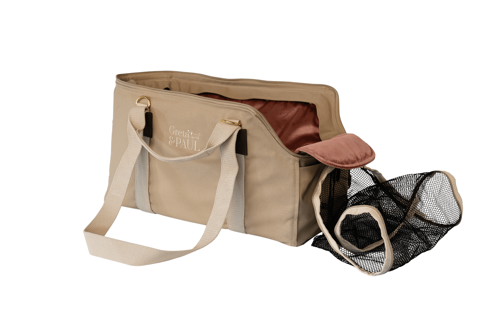 Gretas Hundetasche der Sommer-Kollektion in Beige mit rosafarbenem Samt-Inlay, offene Ansicht mit Sicherheitsnetz