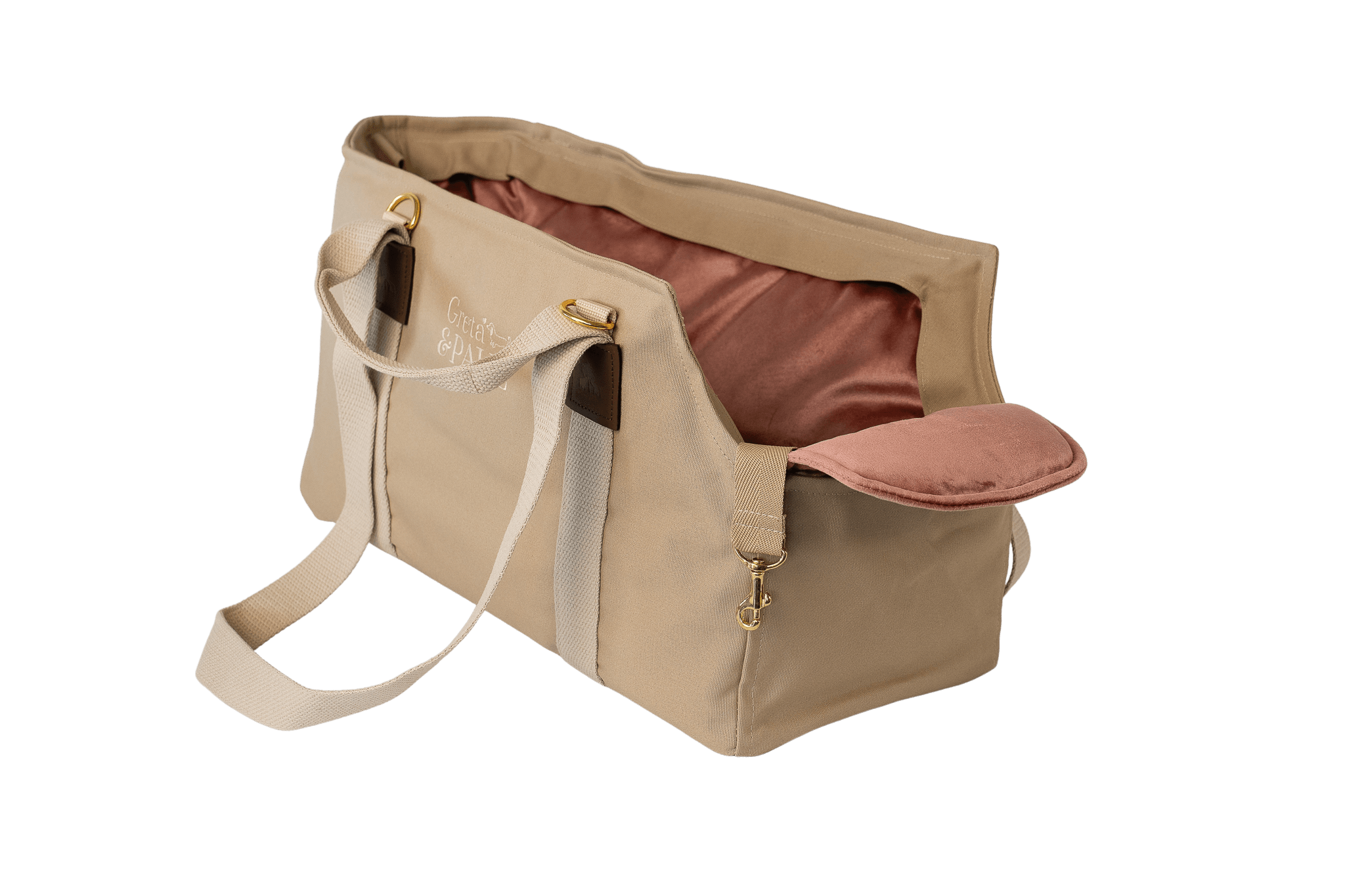 Gretas Hundetasche aus der Sommer-Kollektion in Beige mit rosafarbenem Samt-Inlay, ohne Netz